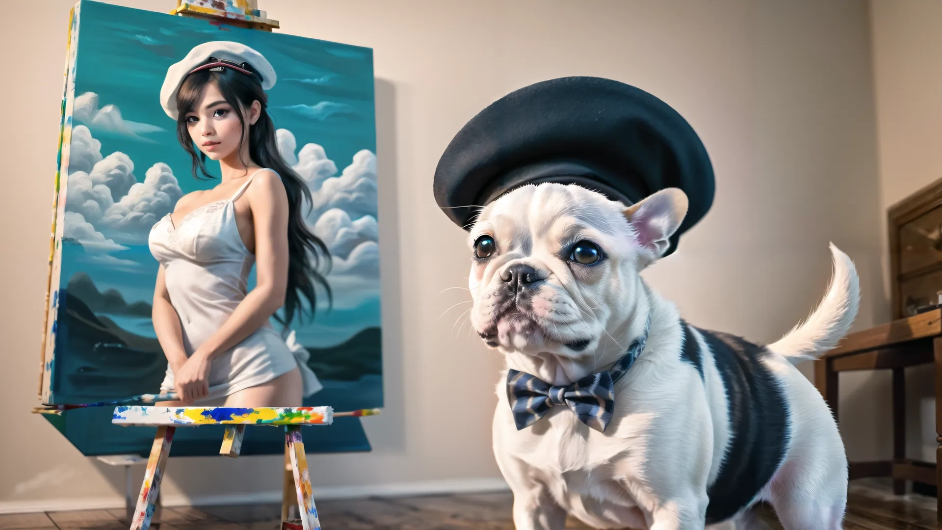 an adorable dog stands beside a painting of a woman standing in front of it with a hat on top and bow tie on her waist, dressed up, by a easel
