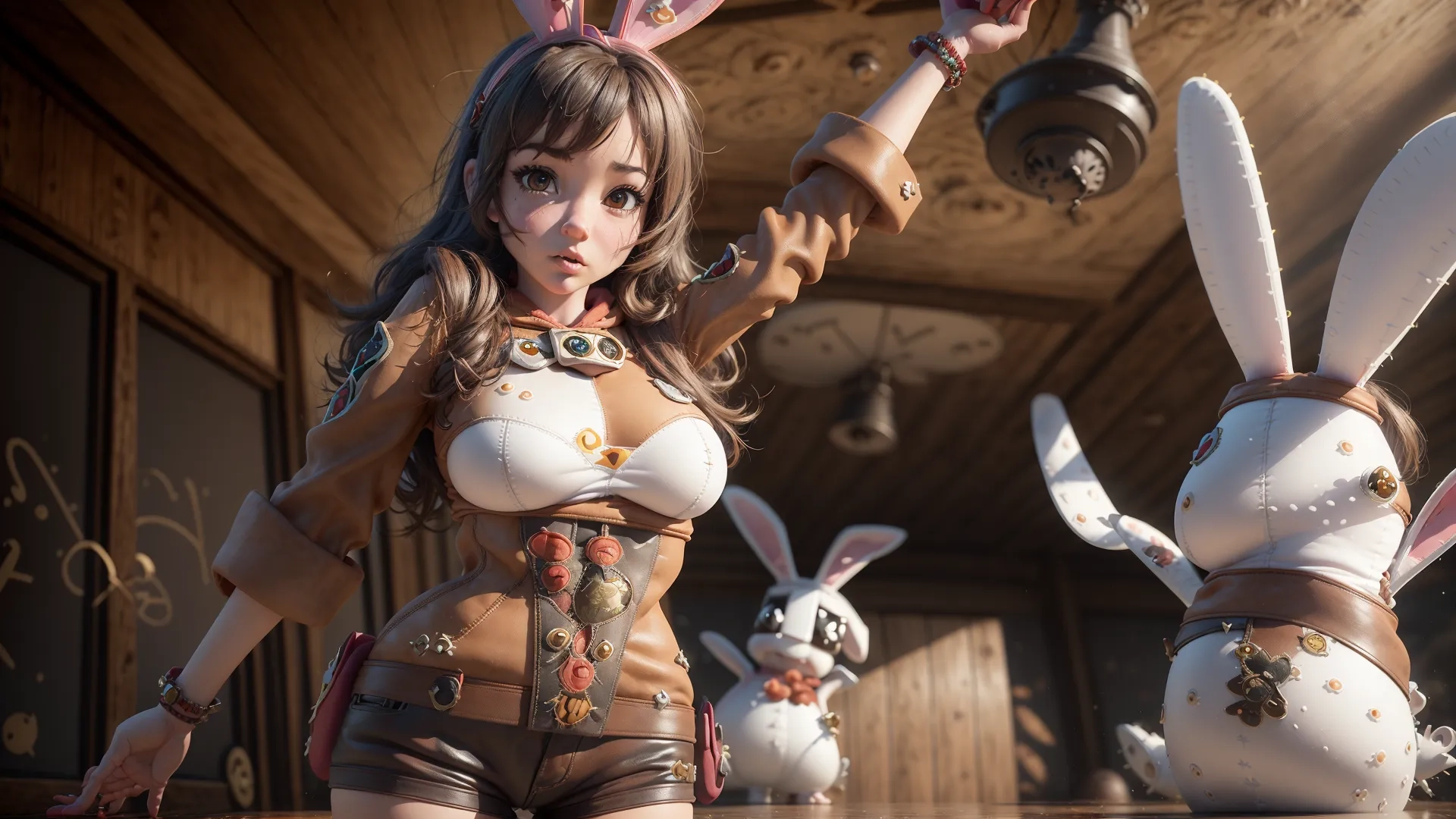 women in sexy linger posing around rabbit characters at a restaurant table and one standing behind them in front of other rabbits holding their hands together or reaching to catch
