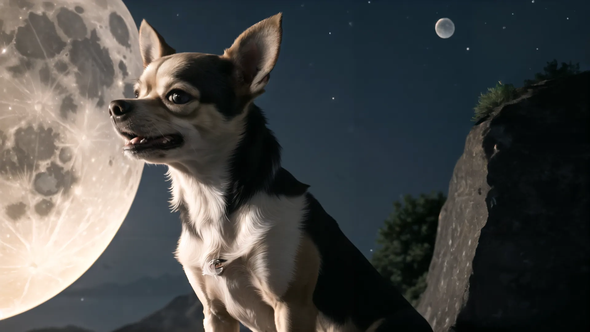 a black and white dog standing in front of a moon next to trees, and rocks and trees are also seen in the background and full moon at night sky
