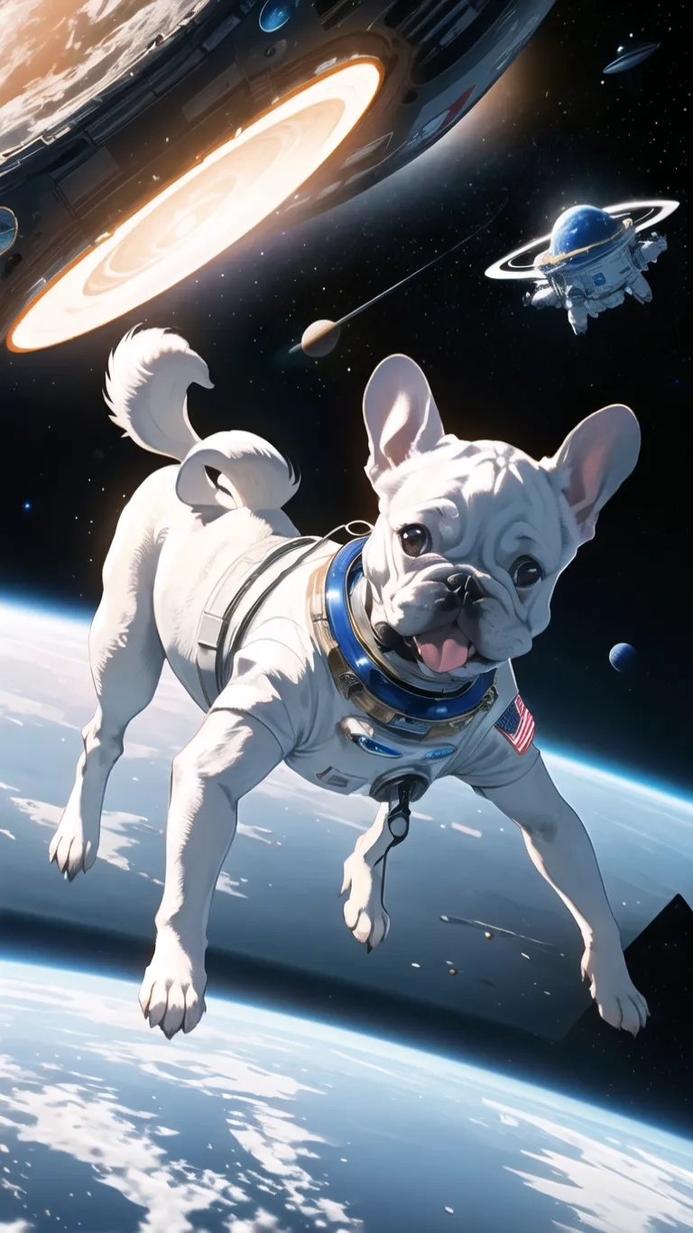 there is a dog that is flying in space with rockets in the background and in the foreground is another planets, earth and astronaut behind him as well as well as well
