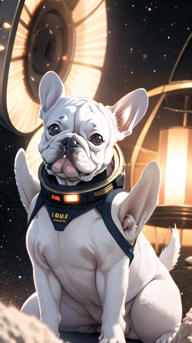 a dog is wearing a space suit and starling helmet on a galaxy background and staring at the camera with his paws outstretched, ready for the air force,
