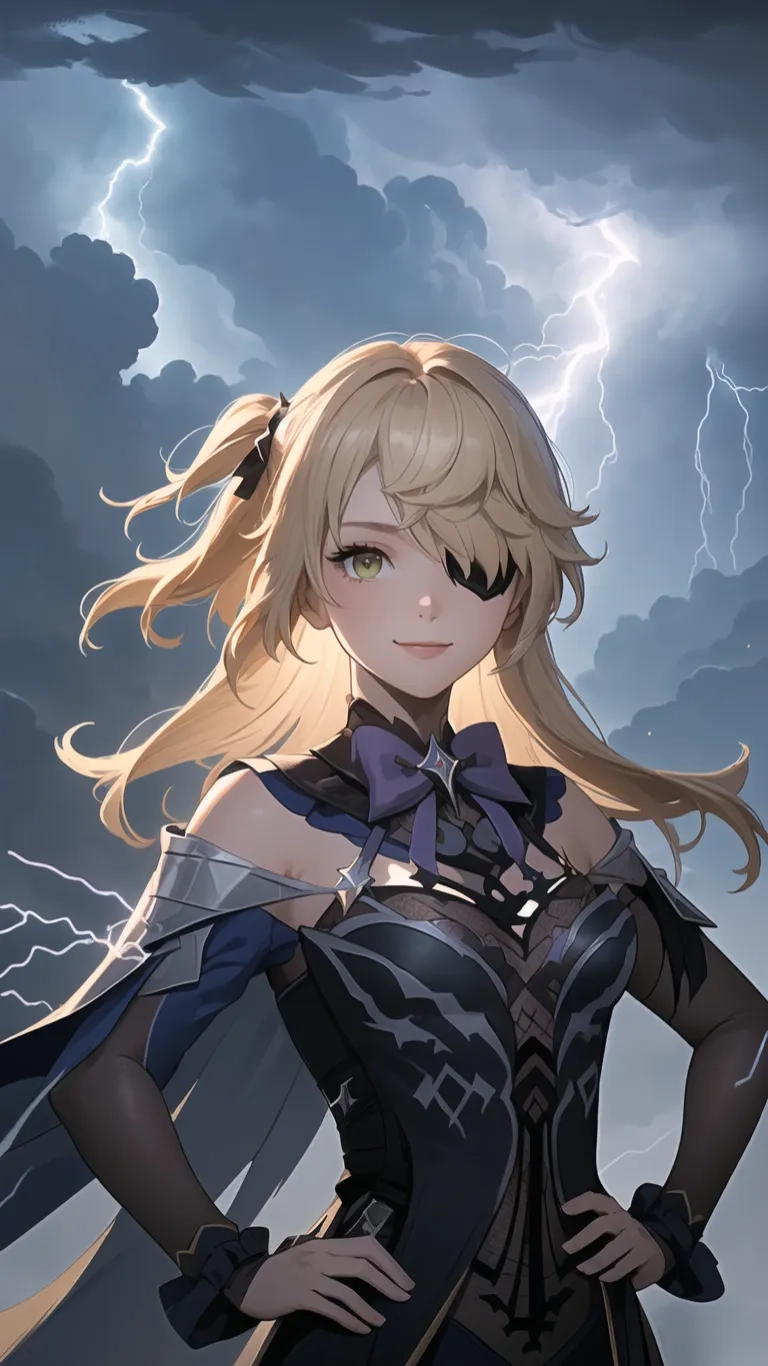 an anime - style female warrior ready for battle in the storm storming skies area of the world, surrounded by a lightning storm and blue storm
