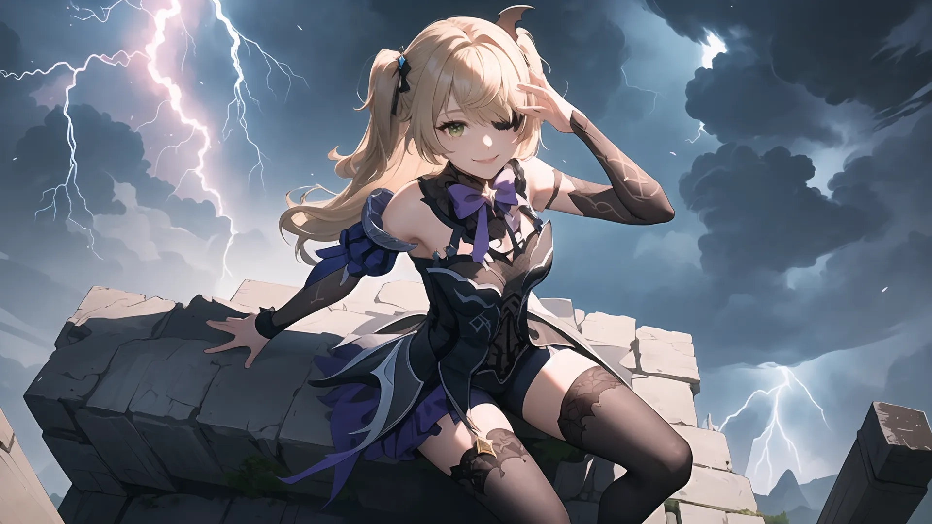 there is a girl sitting on a brick tower having a thunder storm in the background over her head and lightningening the sky in the sky
