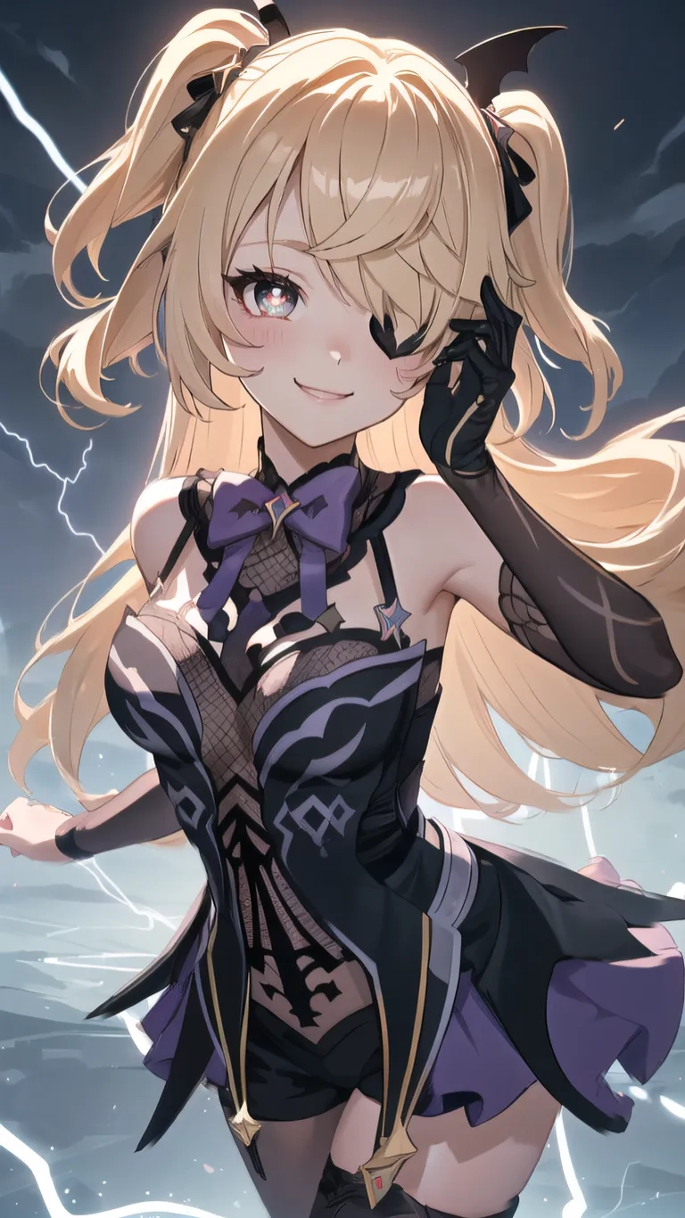 a little anime girl with blonde hair standing by herself posing in front of some lightning and a dark sky area behind her is an image of the background
