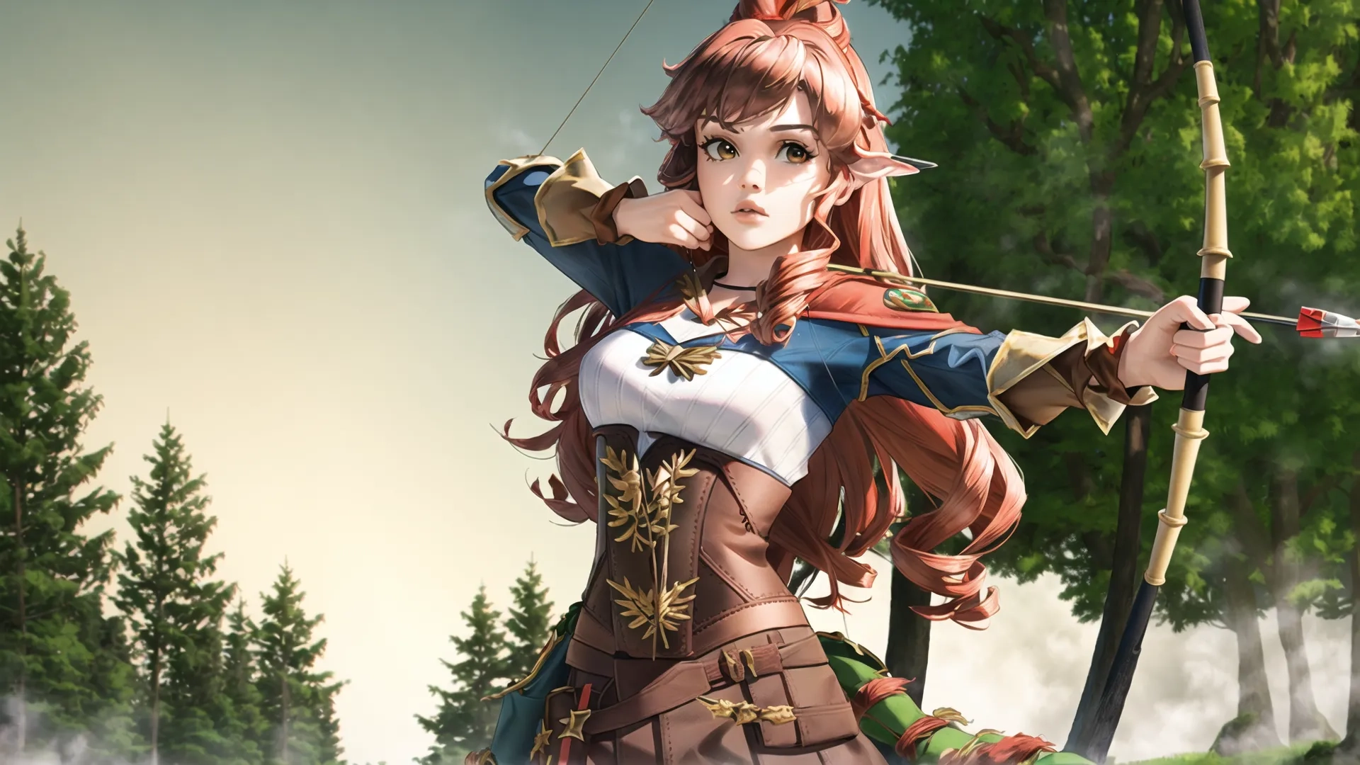 a young woman is carrying a bow with her arms crossed and holding a bow on top of an arrow in front of green forest trees near a path
