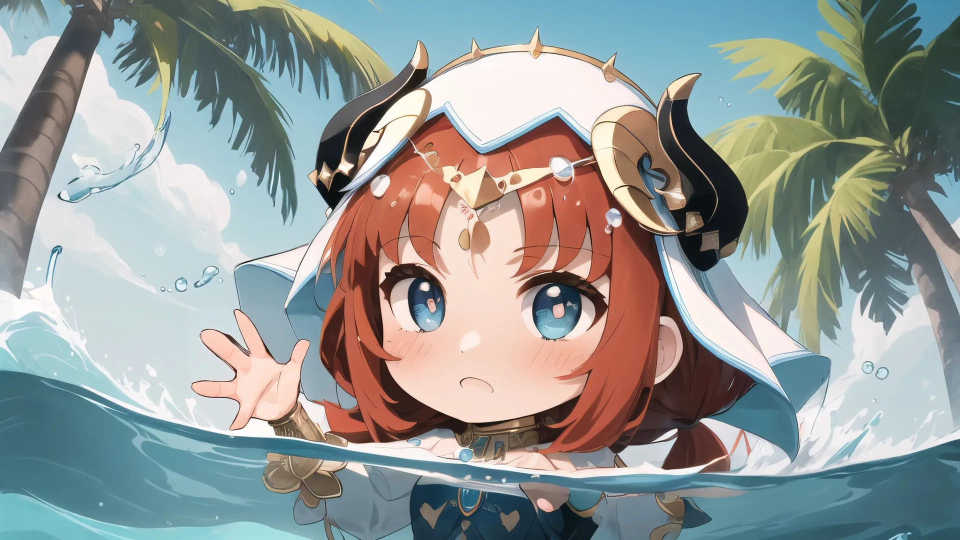 a anime female in a boat with a hat on is looking out the water, and palm trees behind her and sky in background behind her
