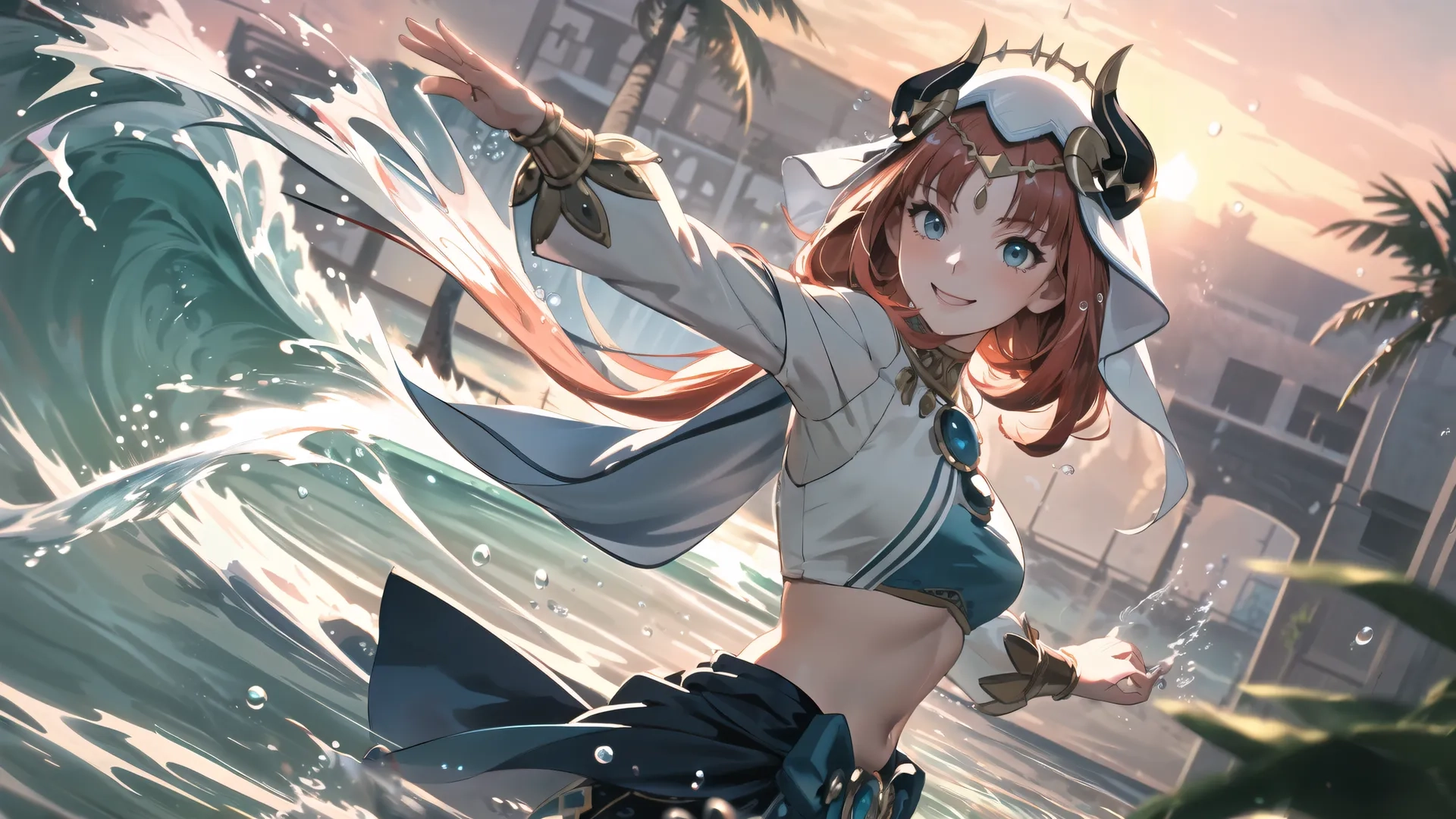 a anime girl standing in front of a wave with her hands out to the side, pointing at the ocean line, while she's wearing an outfit
