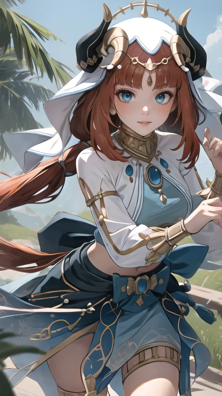 an anime girl with long brown hair holding a scythe in her hand and smiling while standing on a path surrounded by trees and water

