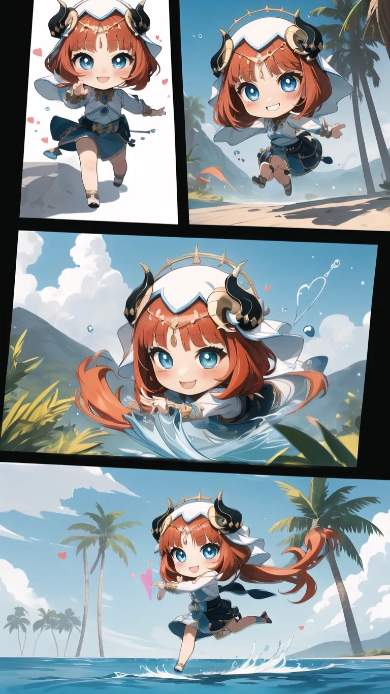 some pictures with the same image of an anime character near a boat with another character who is floating in the water and wearing glasses or hats
