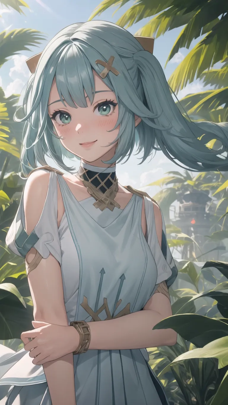 a anime character dressed in short blue hair holding a sword and looking into the distance while a forest behind her is surrounded by plants / with blue

