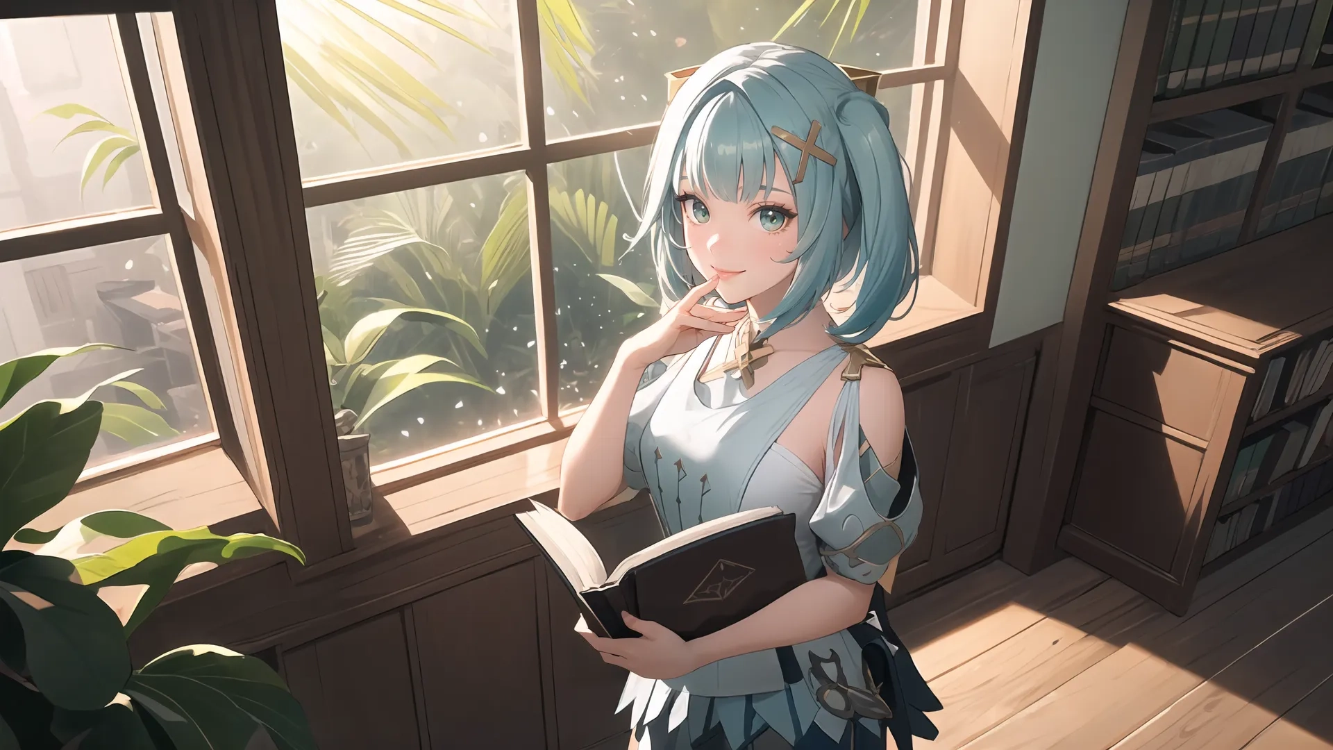 anime girl holding a book stands in front of the window with sunlight streaming through it and has light streaming through her blue hair wearing a blue outfit
