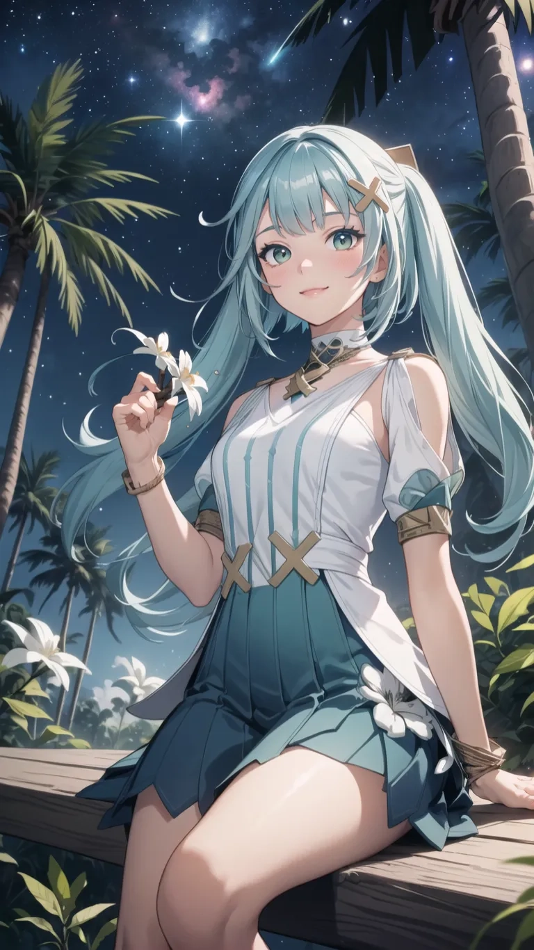 an anime image of a woman in a dress kneeling on a bench and holding a flower in her hand, near palm trees and stars
