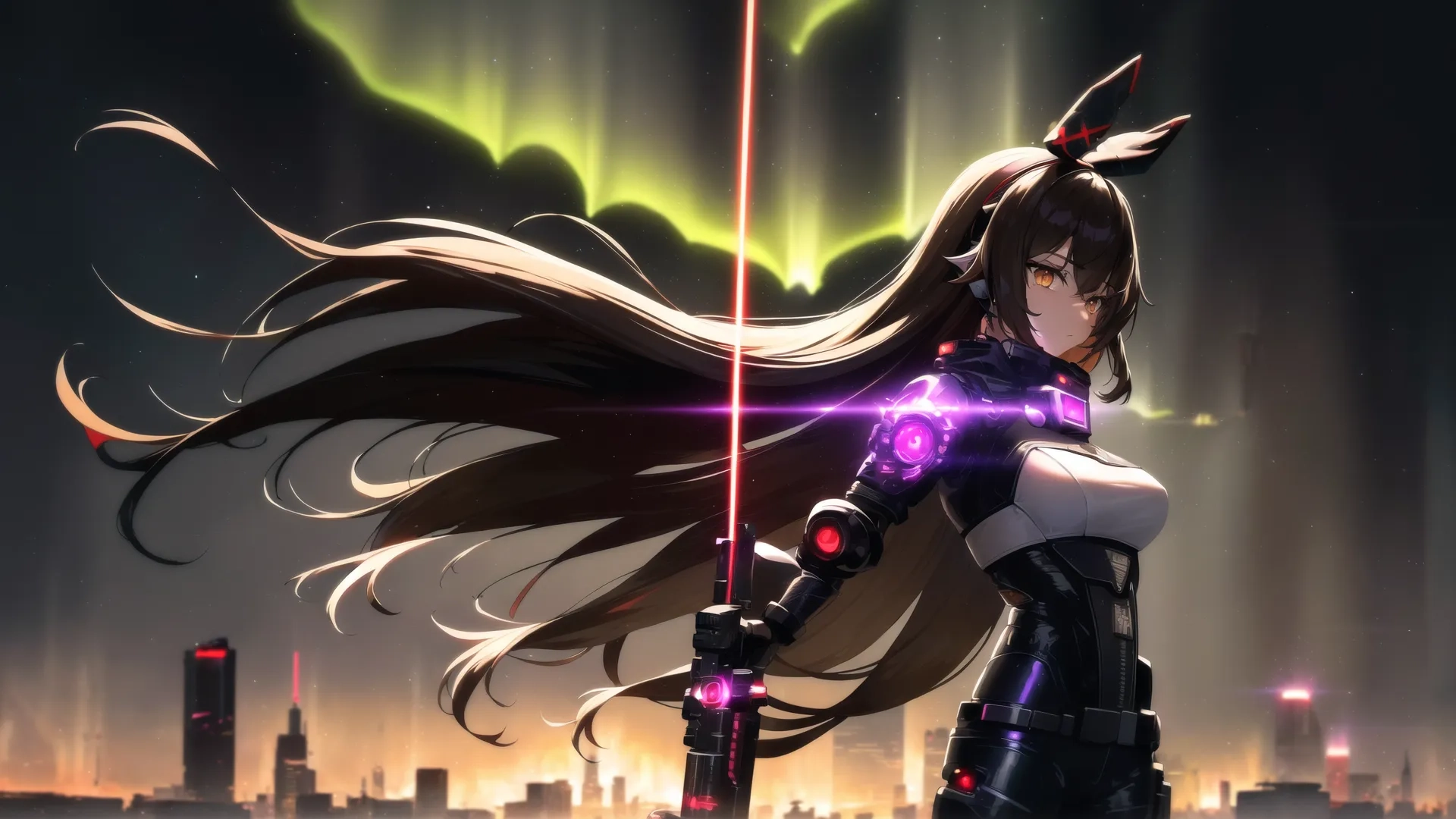 fate maker readying her gun with the northern lights above the horizon behind her on the city buildings in front of night sky and stars, surrounded by beams
