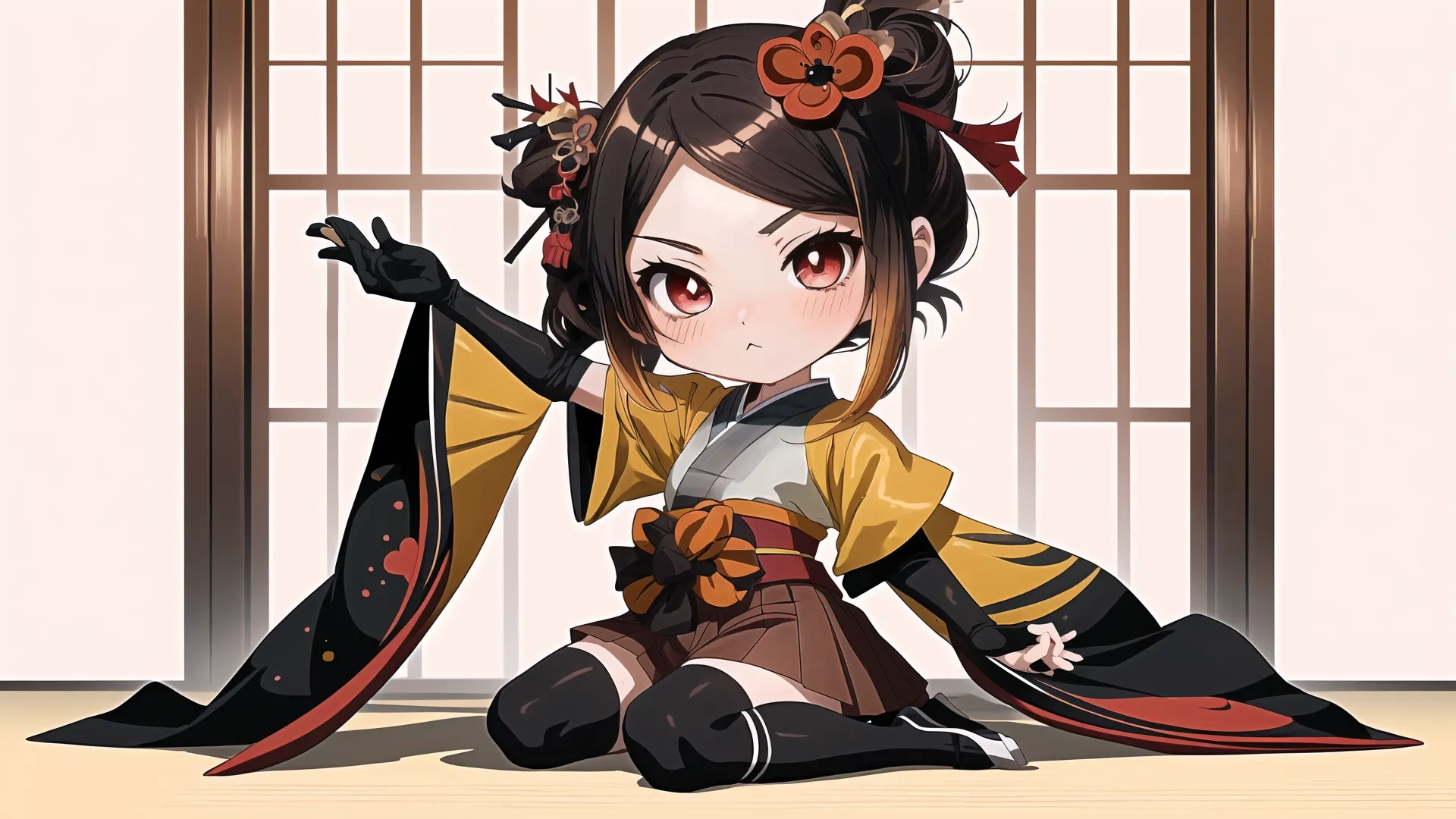 an artistic image of a young woman in costume sitting on the floor in front of window silles with long black hair and holding a sword
