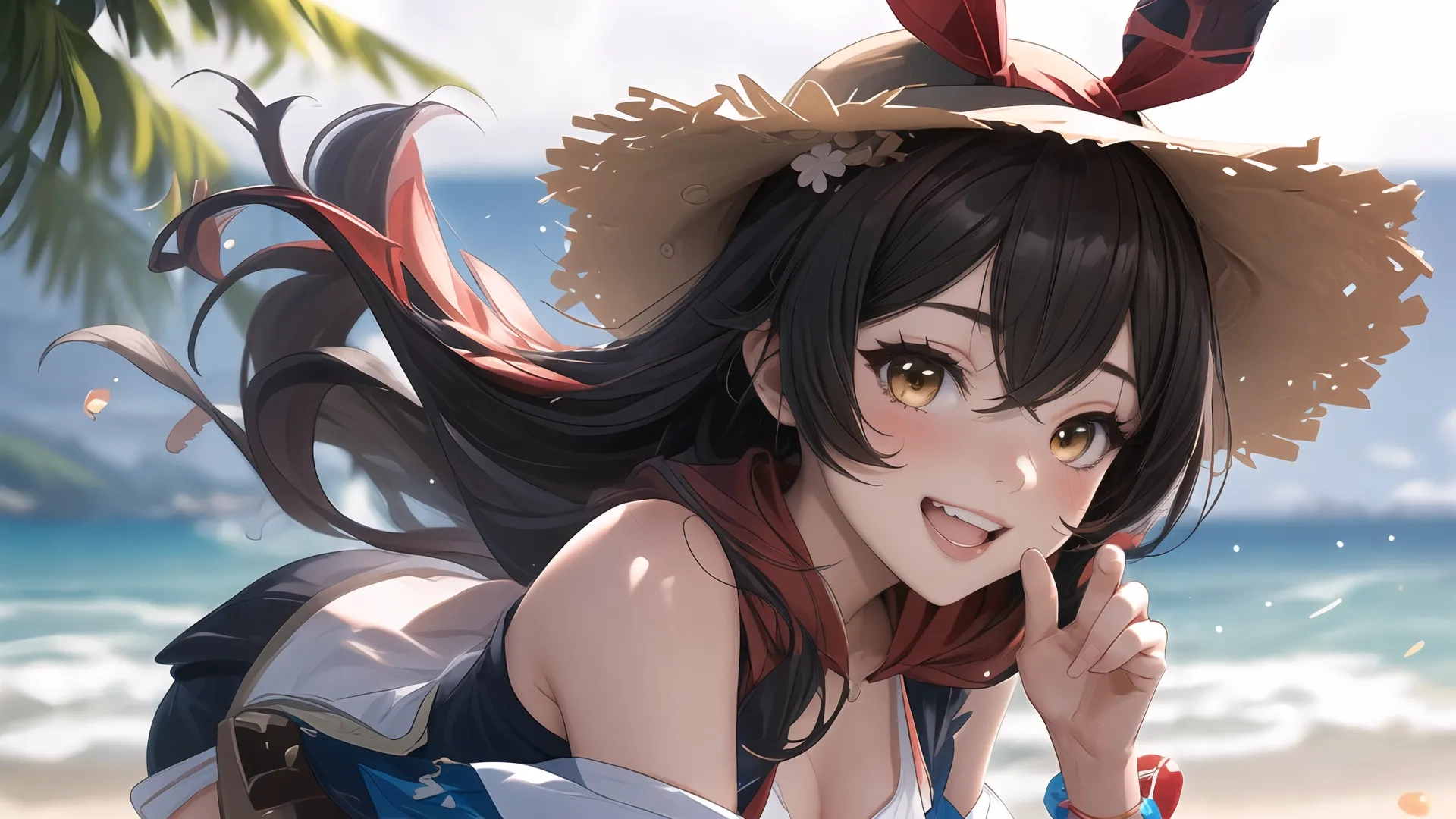 an anime - style female with long black hair laying down and wearing a straw hat near the water and beach area as if blowing an object
