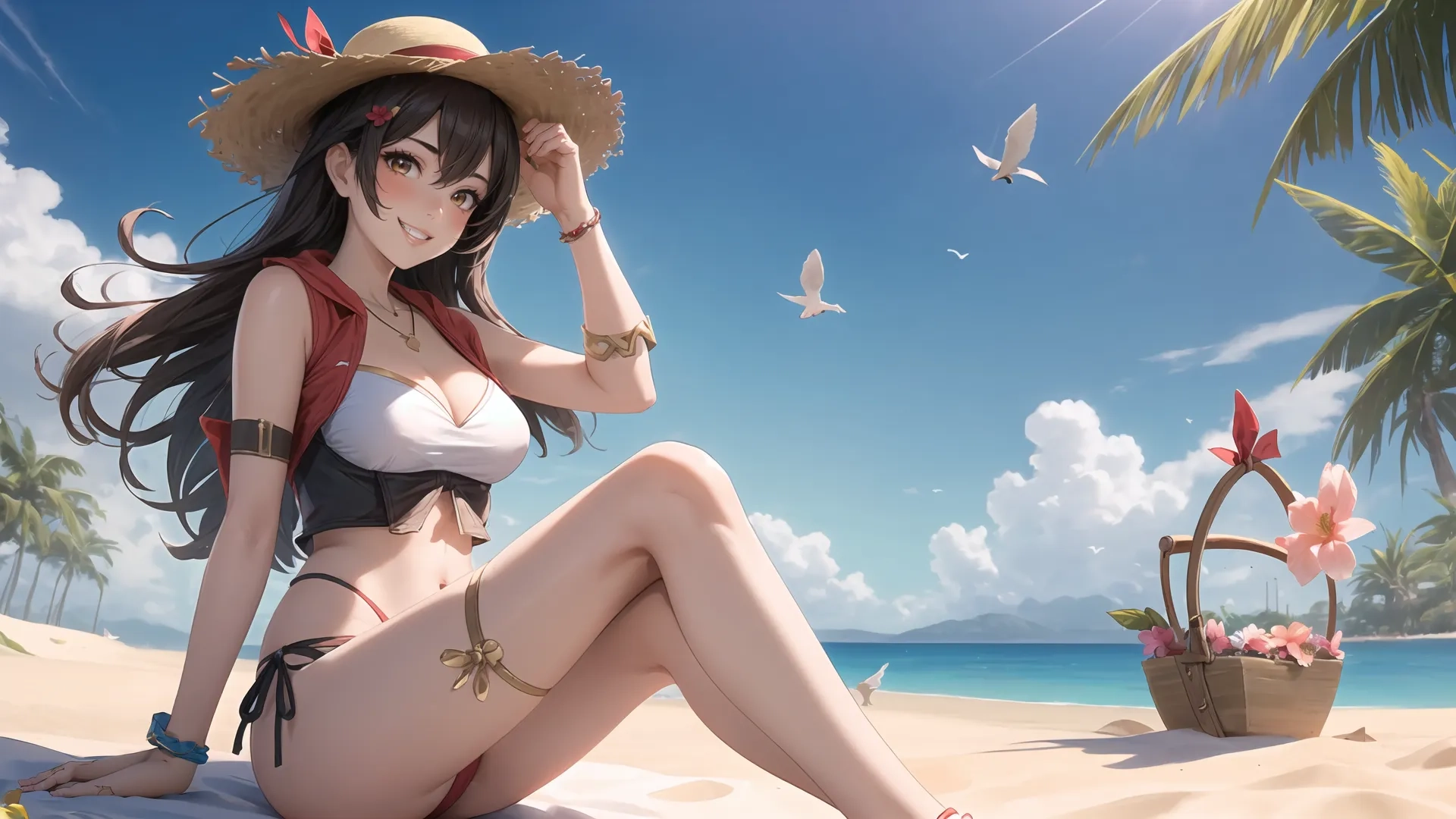 a sexy, young woman in a cowboy hat at the beach sits next to a basket with birds on it and some other bird flies
