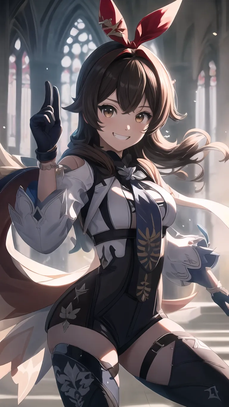 anime girl with red bows is posing in a gothic room holding her knife a bit taller than it's handle and fingers up, with both hands
