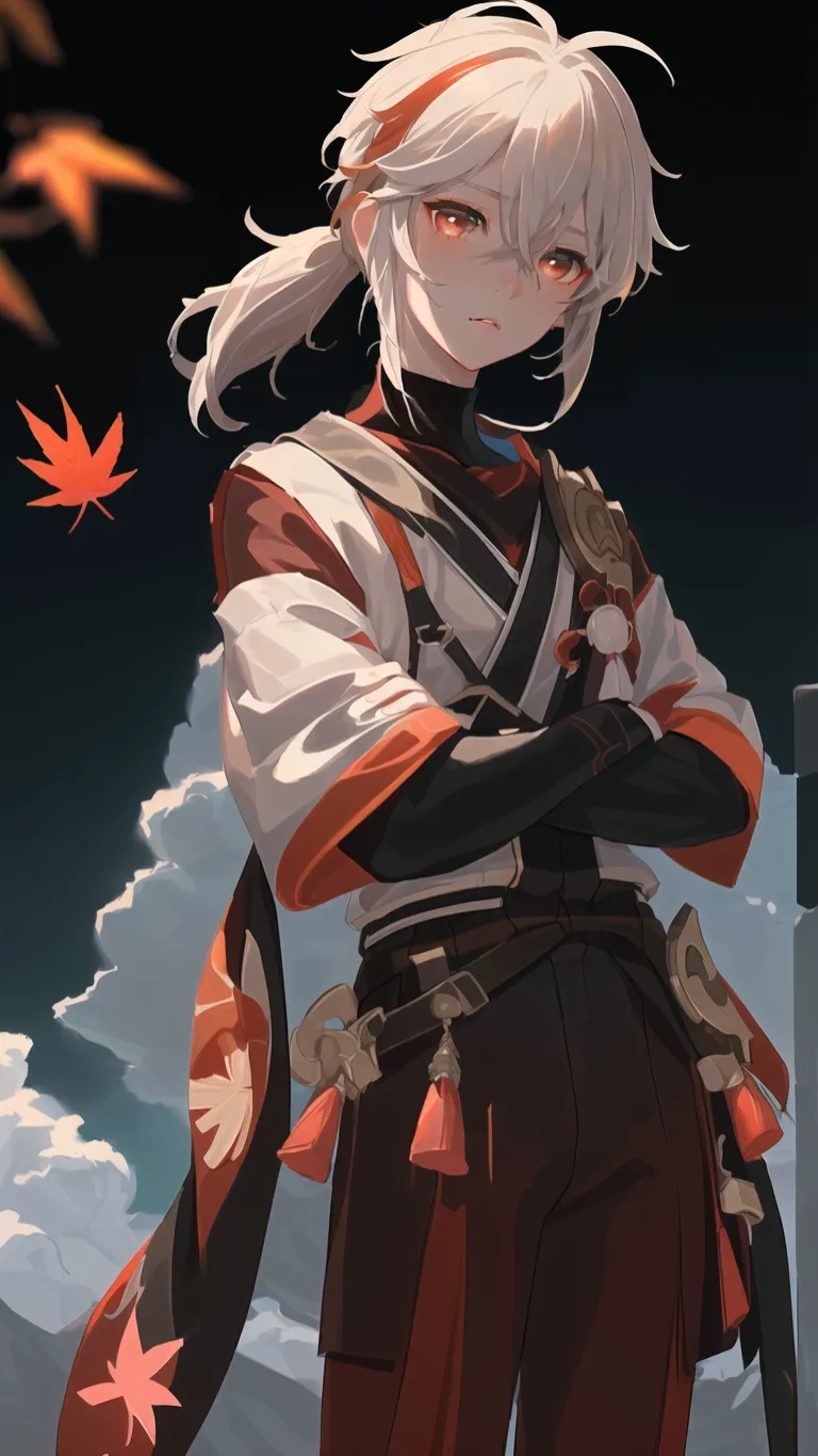 anime style girl with white hair looking up at something in the dark distance and bird flying nearby at her side under the tree line of view
