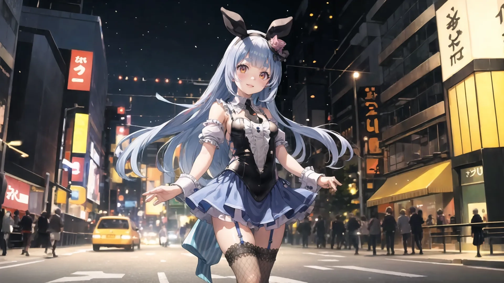 she stands in the middle of a busy city street while wearing bunny ears and stockings to show off her amazing clothes and accessories while in motion
