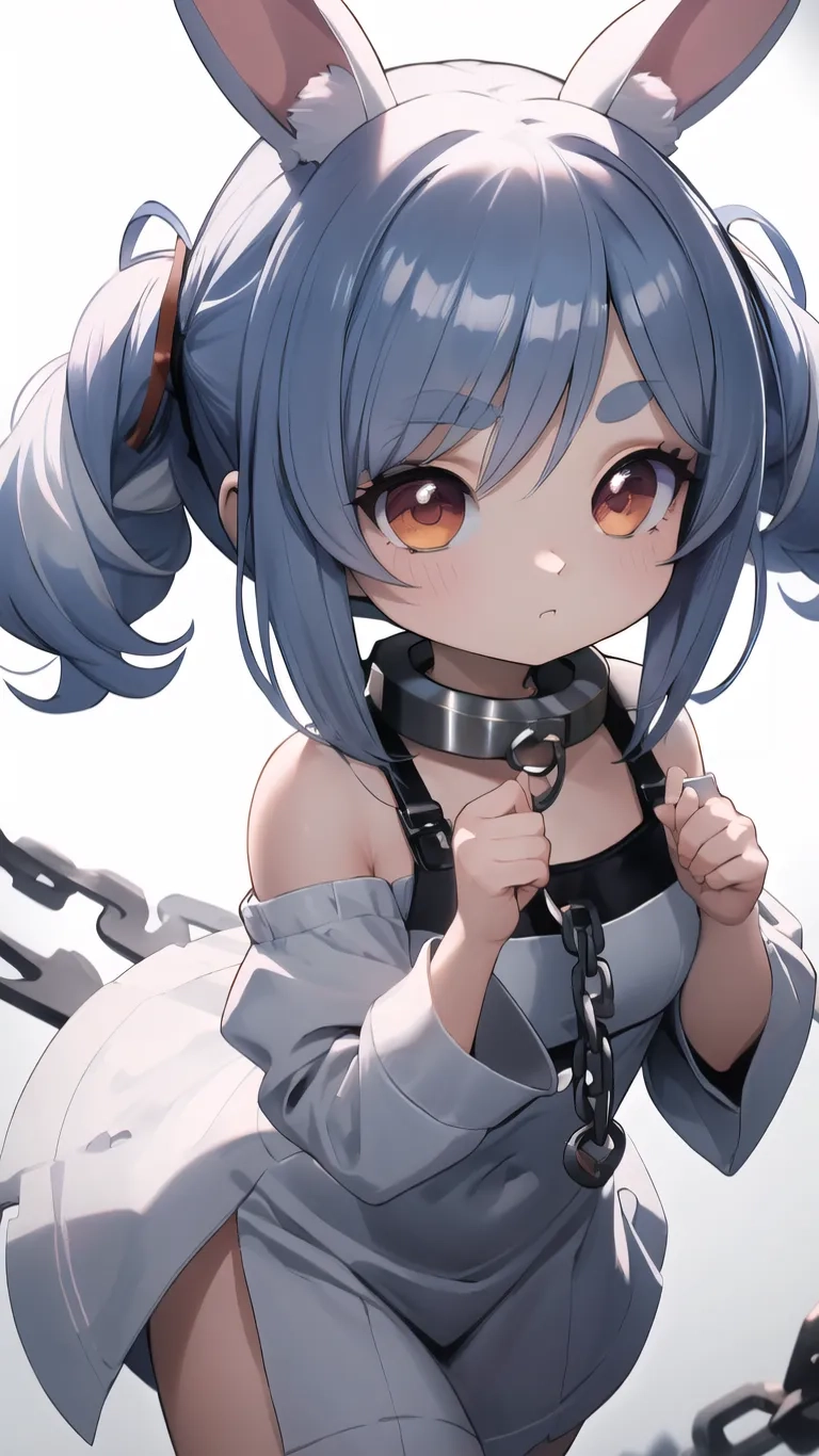 a young girl in a costume is chained to a chain with scissors in her hands on a white background in the middle of a scene
