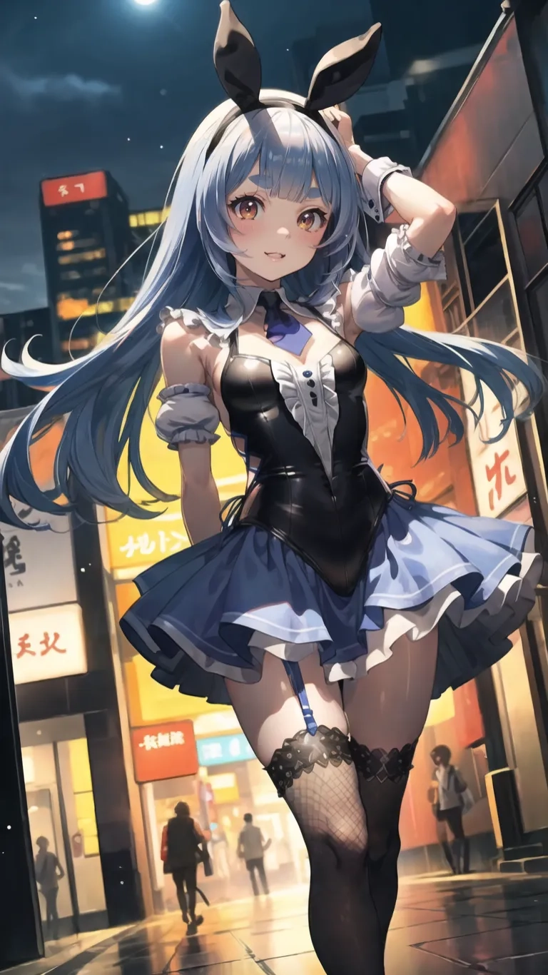 pretty anime girl dressed up and standing in the middle of the street at night or daytime, in an alley and building facade in silhouette
