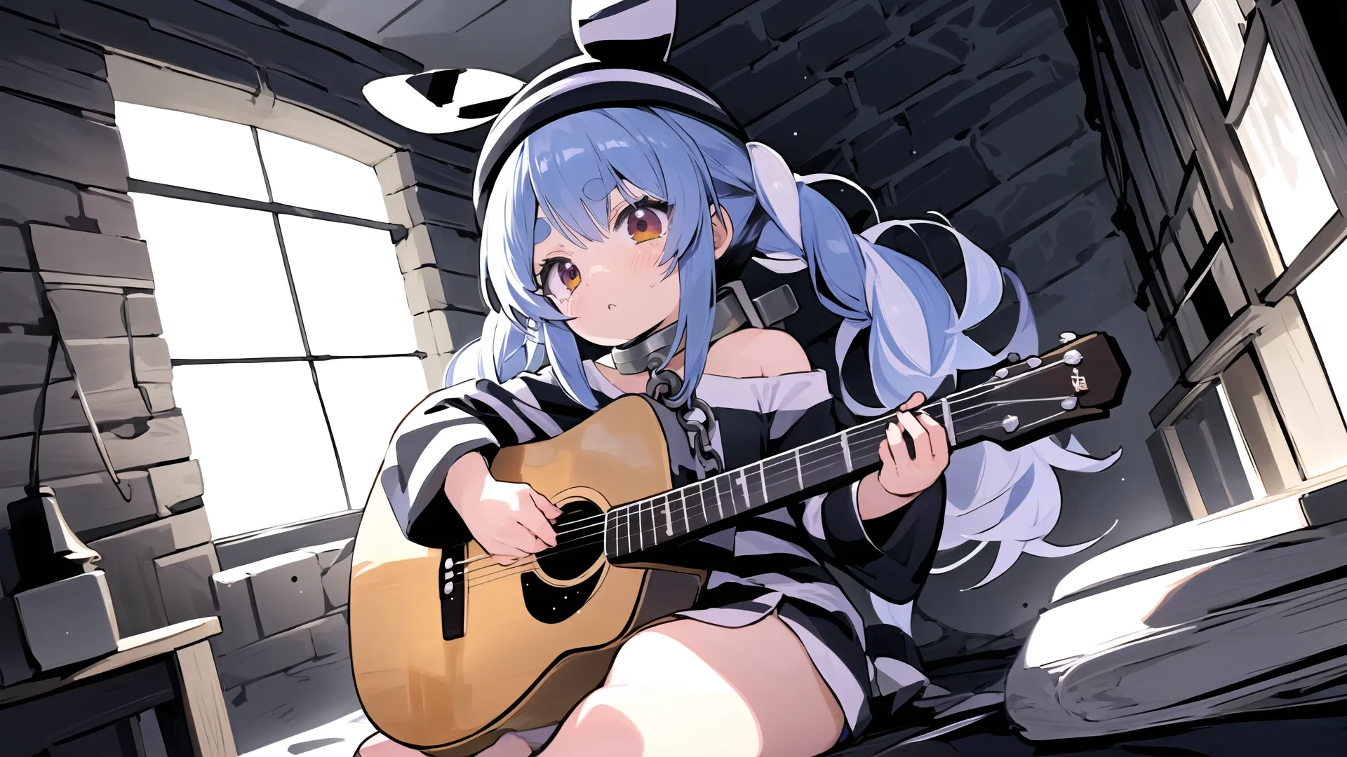 the artist is playing a guitar by his window by himself using a cell phone for perspective and one hand holding it close to her head
