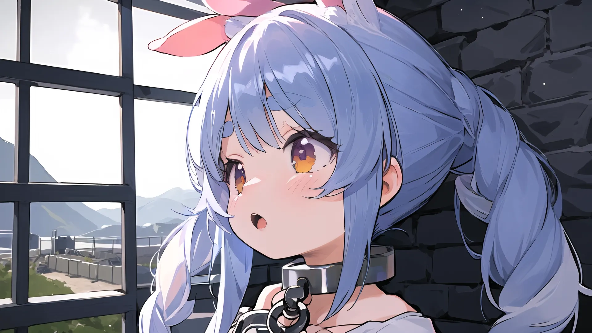 anime girl standing next to window with gun in hand showing off her camera's finger and her face painted in a purple flower and black
