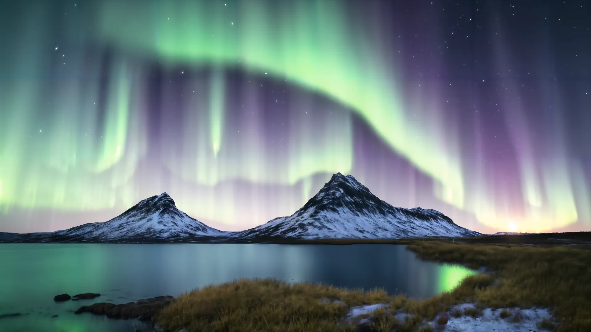 mountain in the middle of the night with aurora lights lite above it and a body of water under it on a plain with an almost bare, green grass area of land
