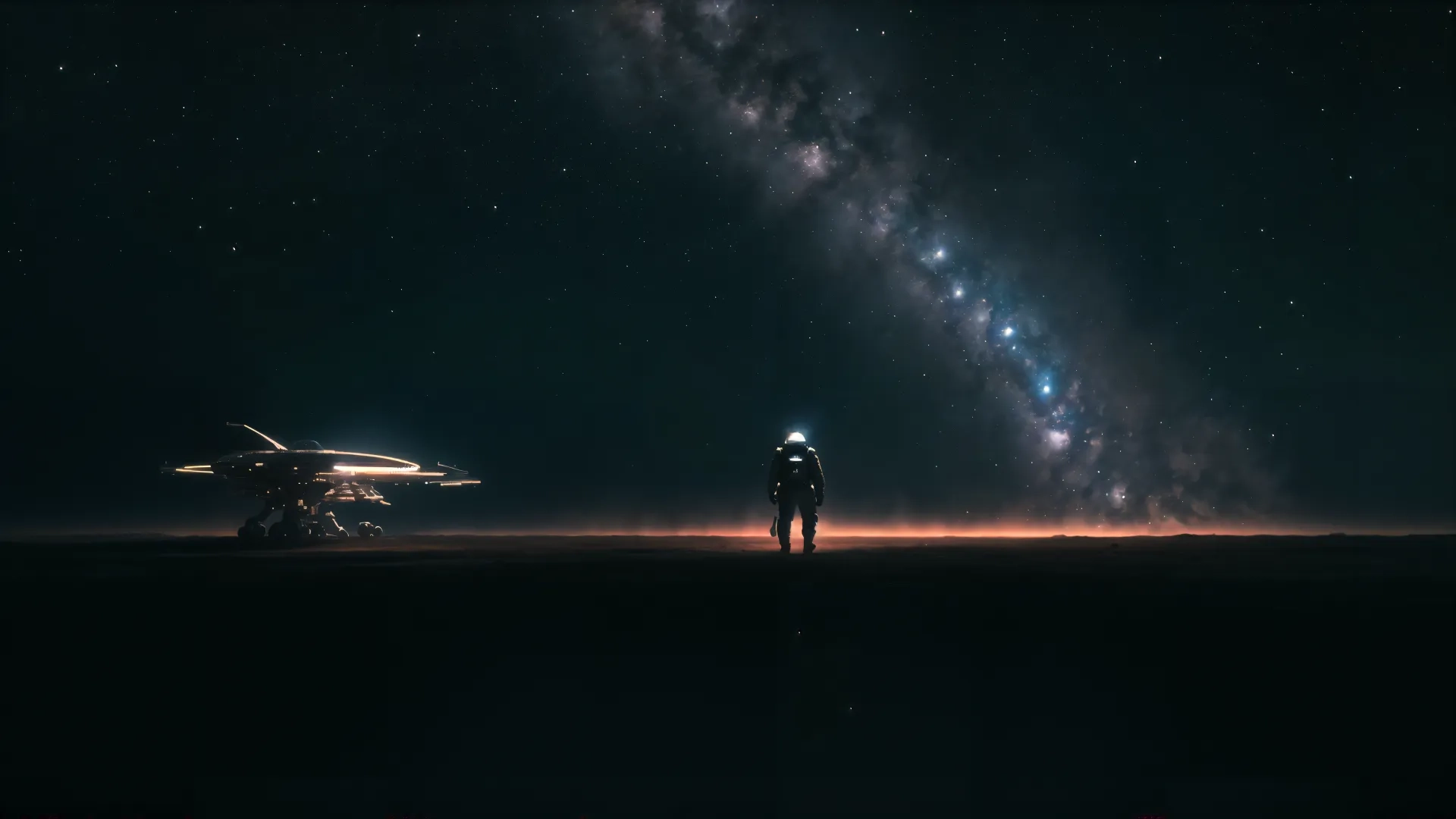 one man looks up into the sky at an alien ship near a distant galaxy in space, with a dark background and a long white streak of light streak of stars
