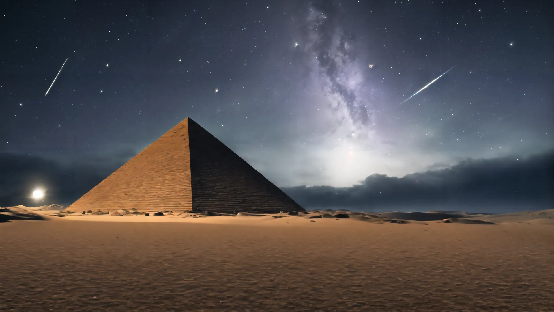 there are comets coming down from the sky above the egyptian pyramid and a sky of stars over land covered with low sand dunes and rocks
