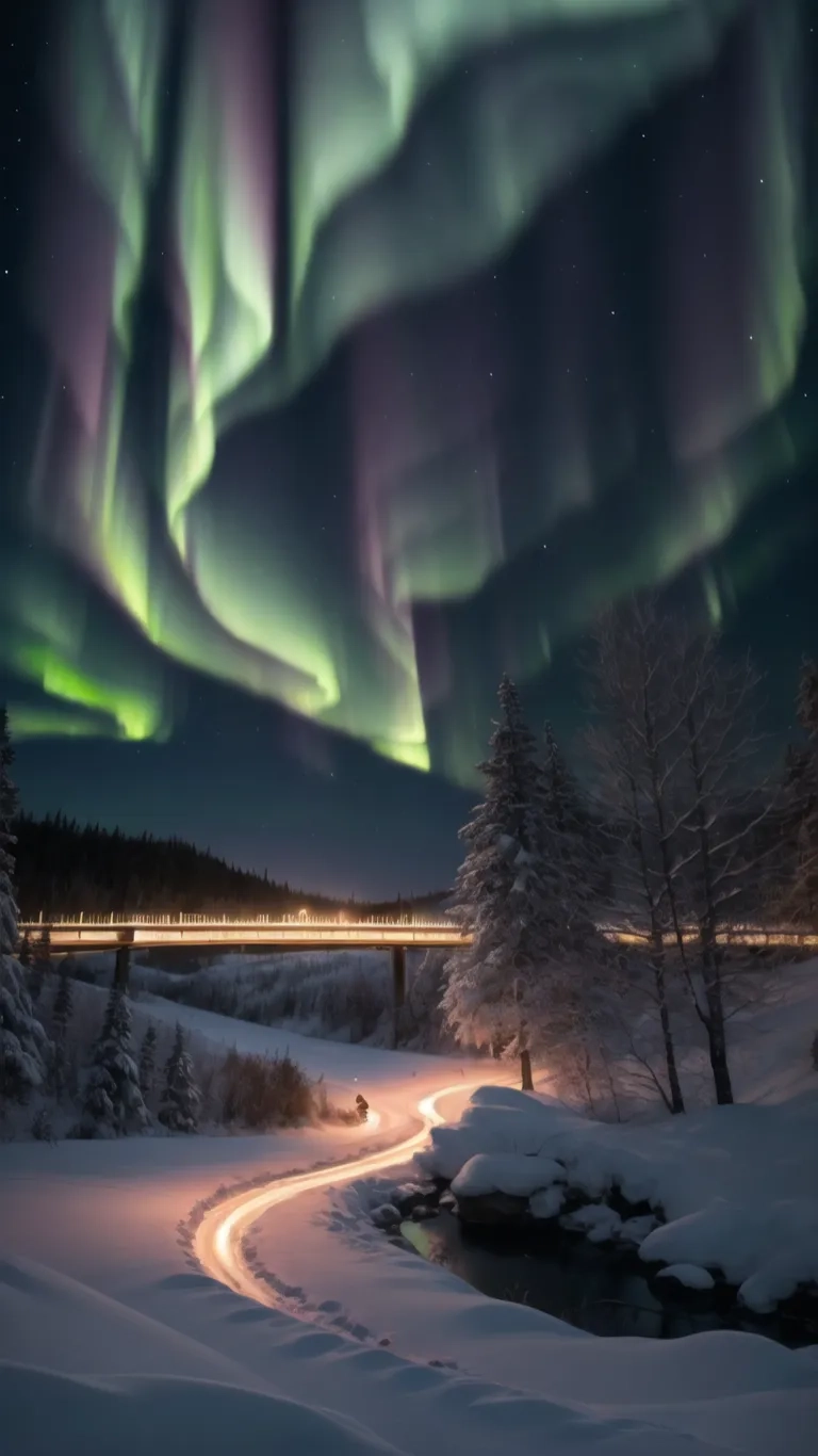 a train goes past lights illting aurora bore on its way up the mountain side past snow covered trees and branches of a stream with a trail
