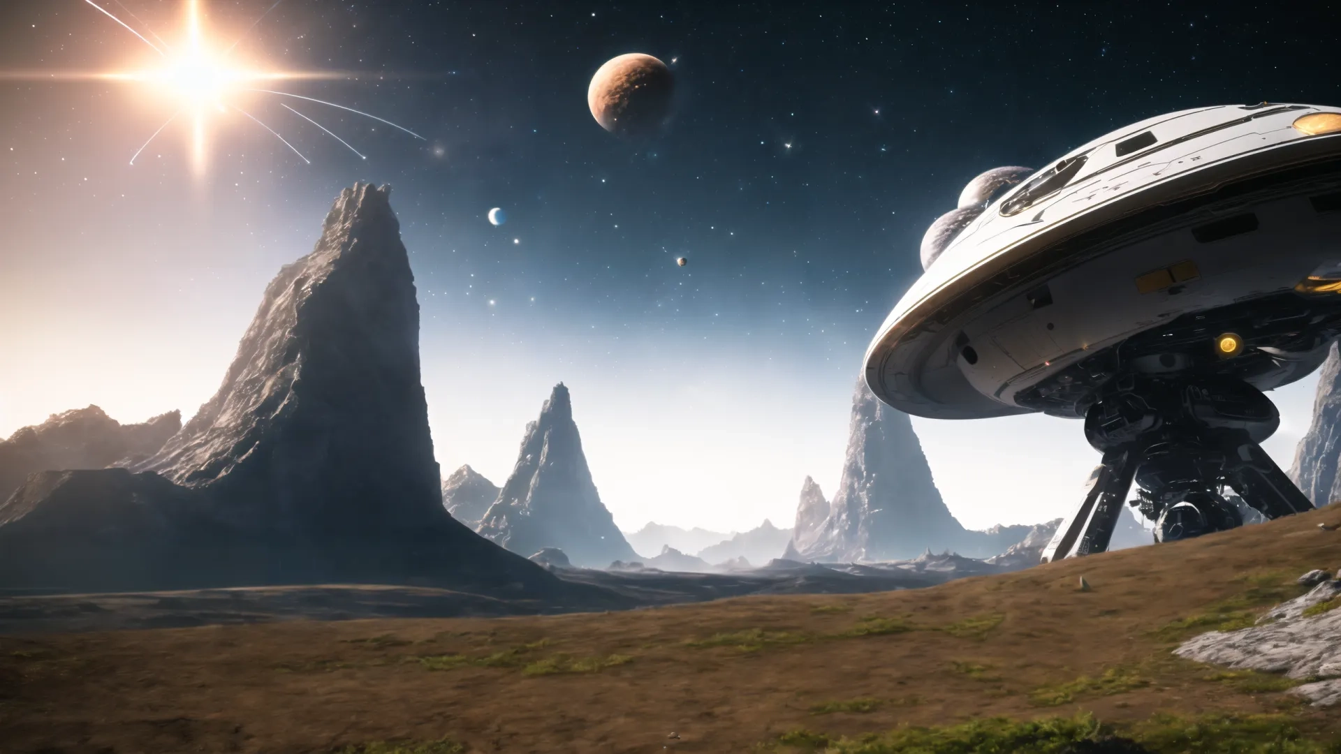 an artistic depiction of a spaceship approaching a mountain side on an alien surface, with planets in the distance and planets behind it, on this computer background

