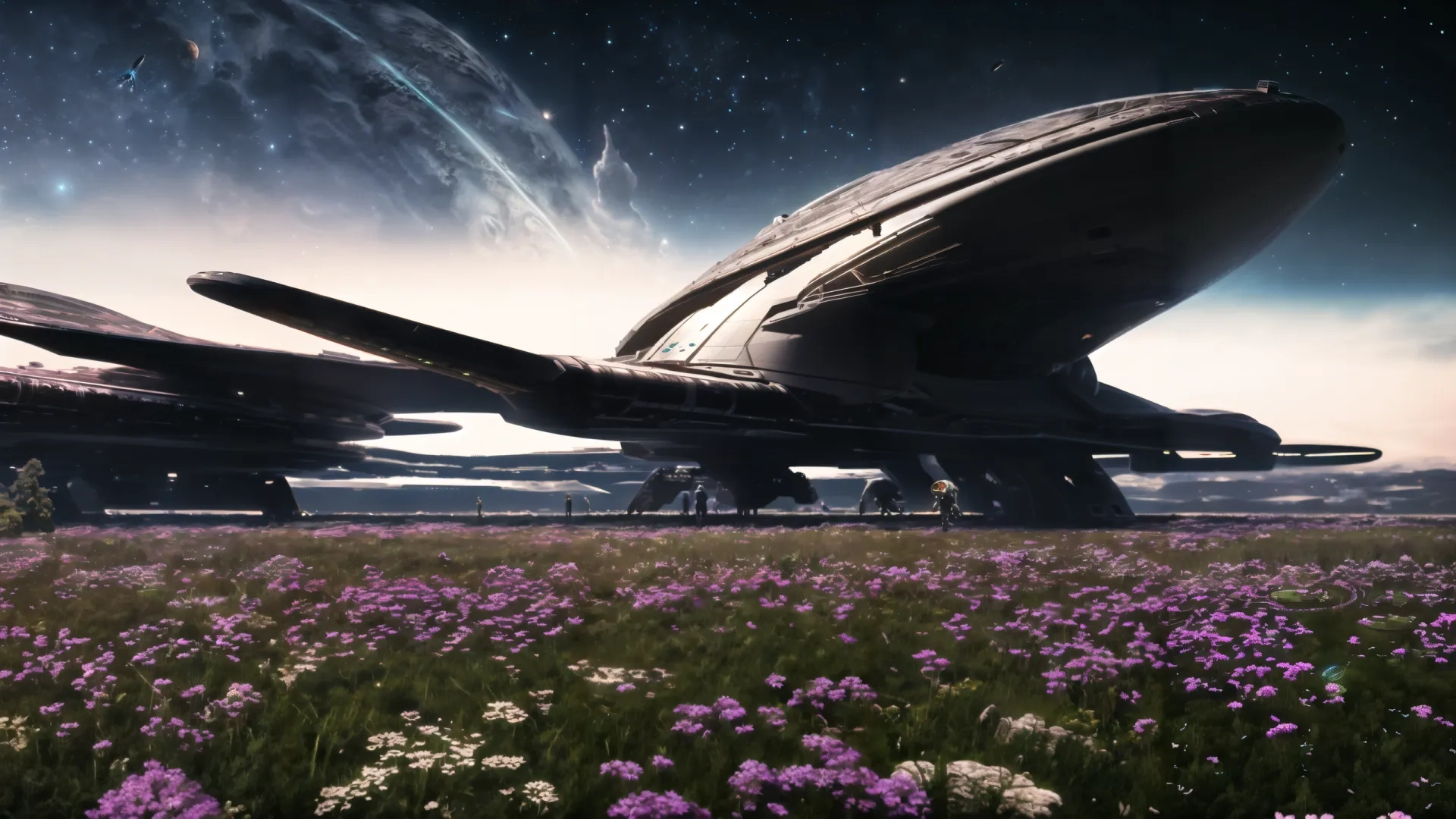 two large jets are parked on a grassy area with purple flowers around them and starry skies in the background and behind them, several larger planets
