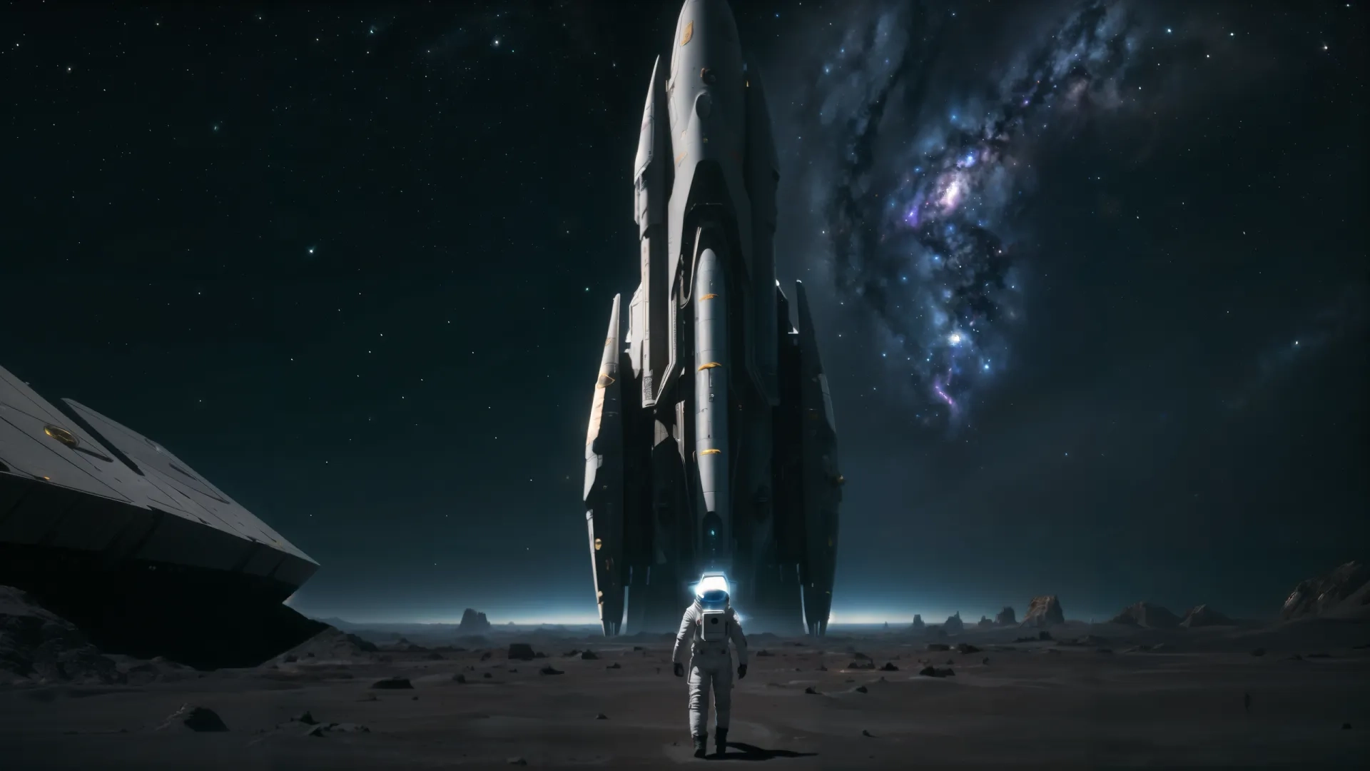 astronaut on an alien space site with planets in background and the stars in the center of the image above him looking up at something that is a spaceship
