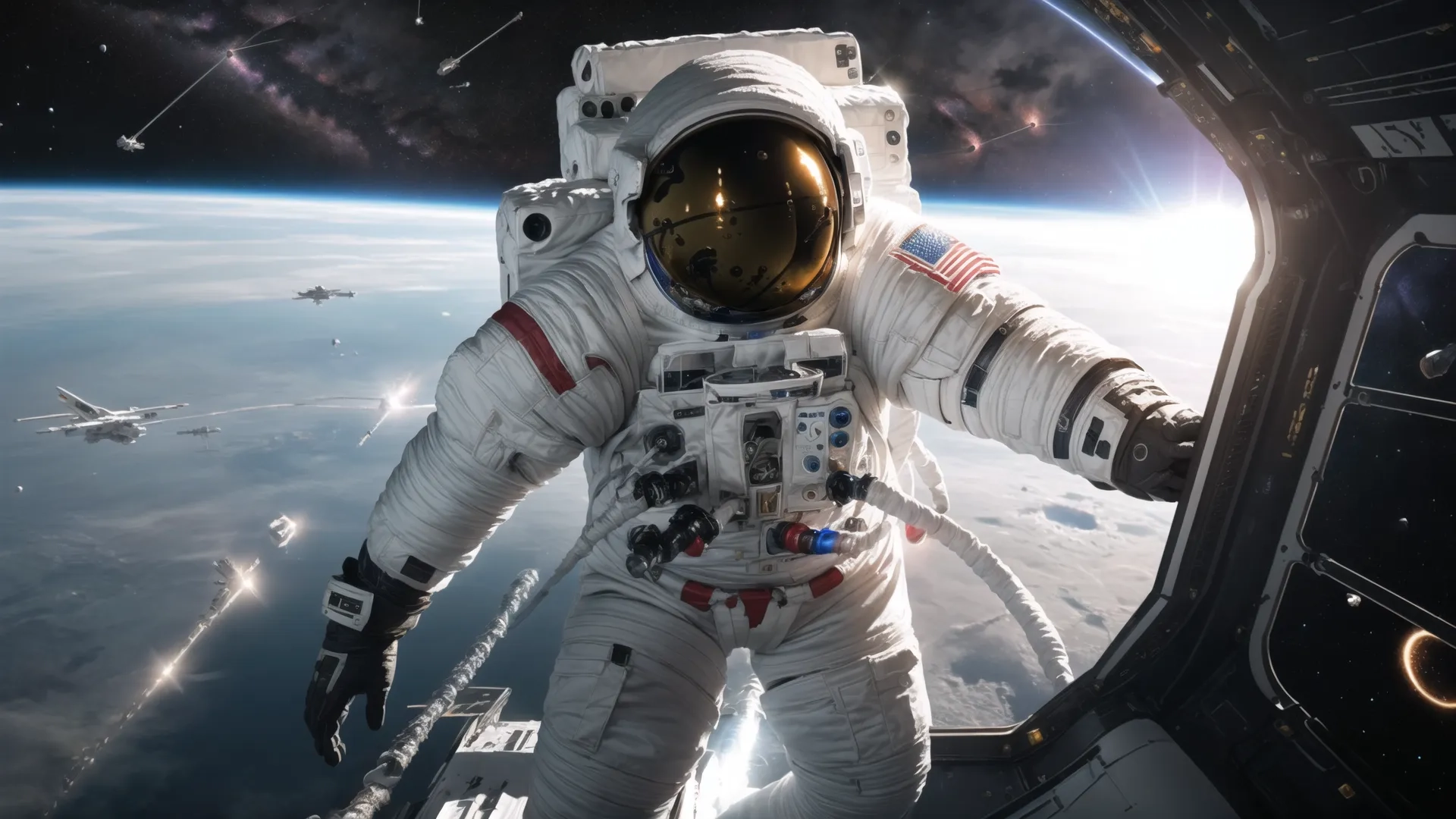 astronaut in space suit looking out window with planets in the distance in the background above earth, astronaut in spacesuit as seen from the port of space ship

