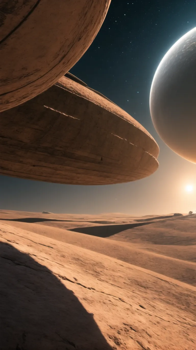 the sky and sun over an alien landscape with a planet in the background and space in the foreground, a moon on the horizon
