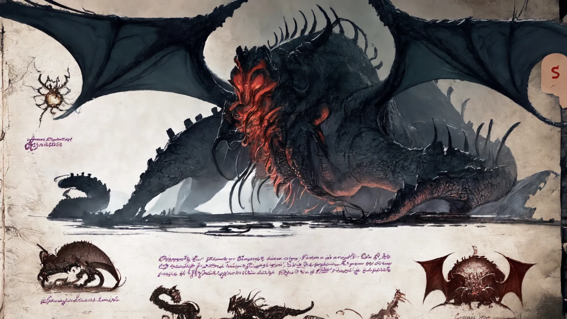 various ink and acrylic images featuring large, red dragon like creatures, and two smaller, dark headed monsters, with one demon looking down
