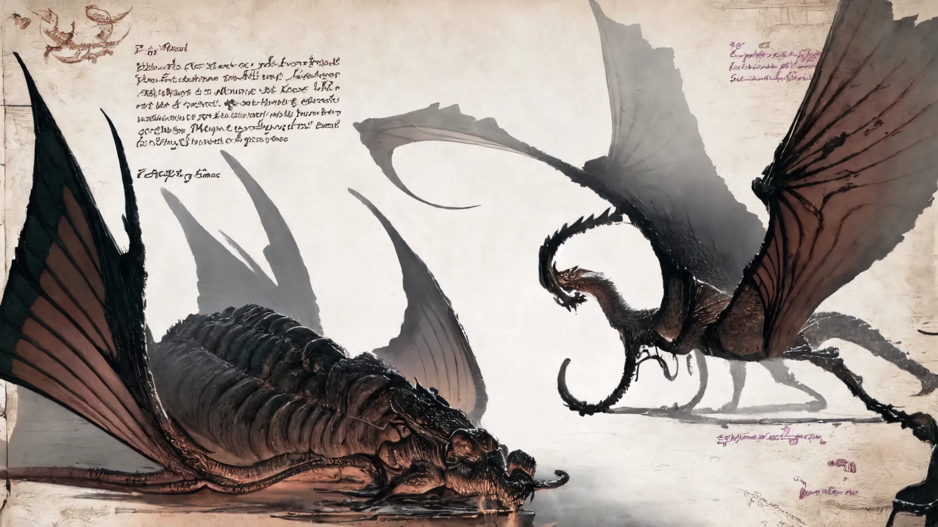 a dark beast looking at another dragon and a large creature on a table with some notes about its ability to fight it for dominance together
