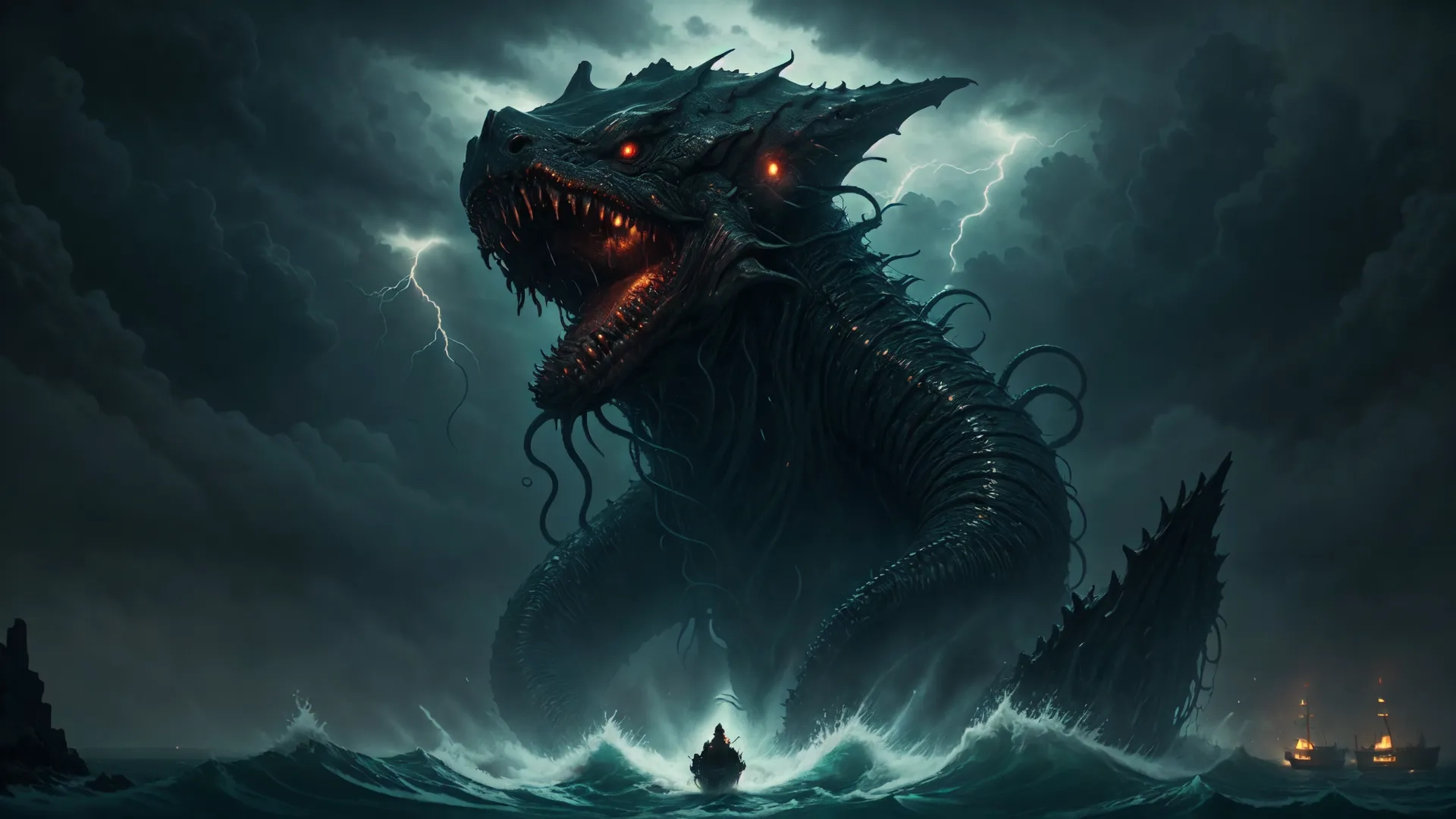 a monster like creature that is flying in the clouds next to a ship on a stormy night with stormy skies behind it, there is a man on the ship in the foreground
