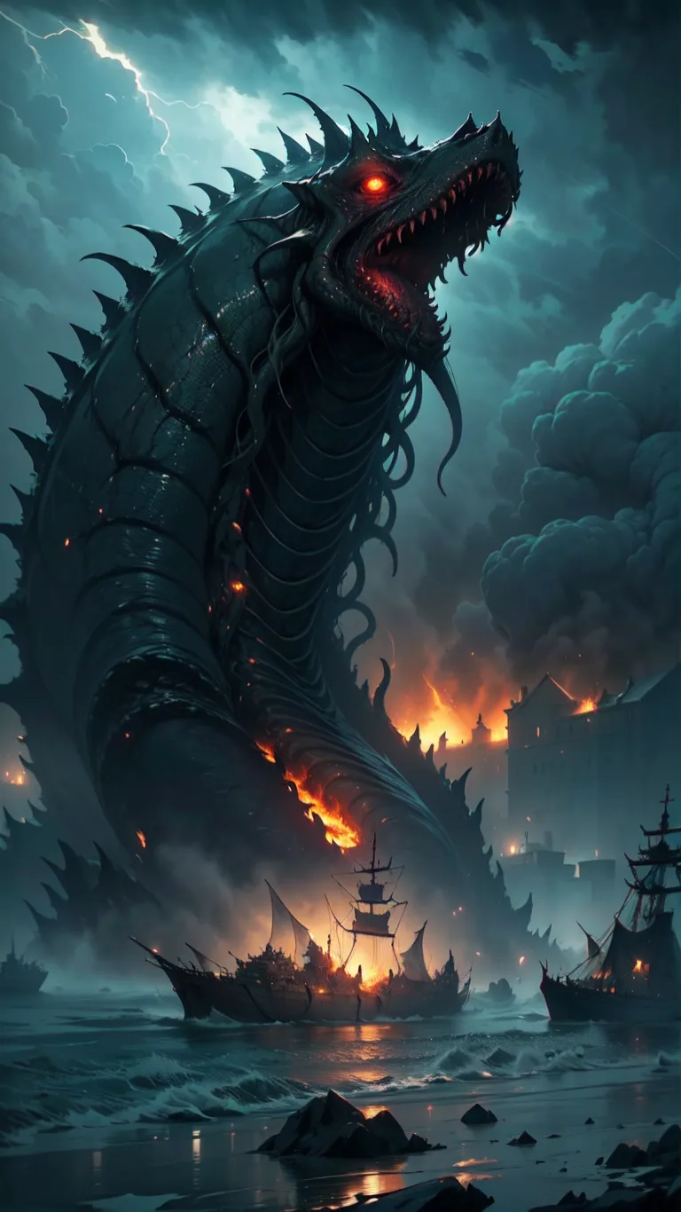 a big red dragon in action on a ship out and about to strike the piraters at nightlife on an ocean edge of a large boat in this painting
