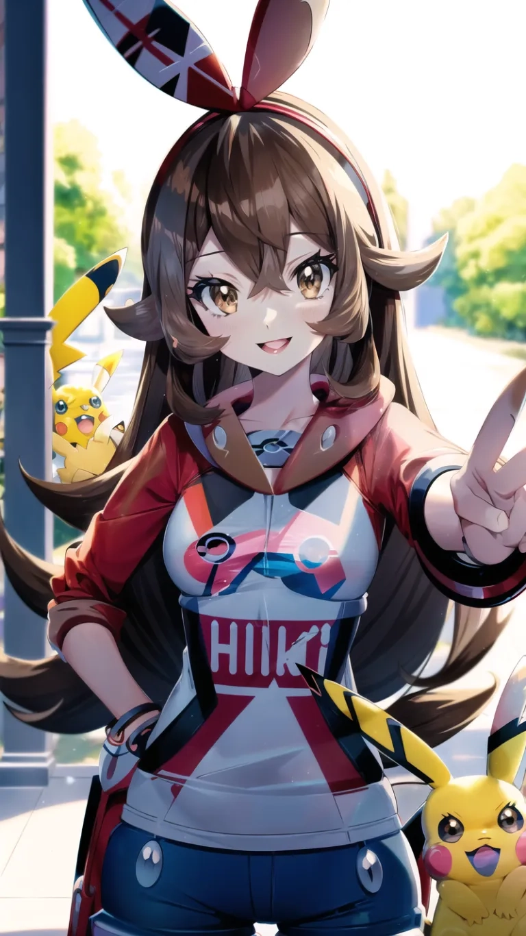 a fan art shows off some pokemon costumes which features a pikachu on her shirt and long brown hair she's holding pokemon, as well
