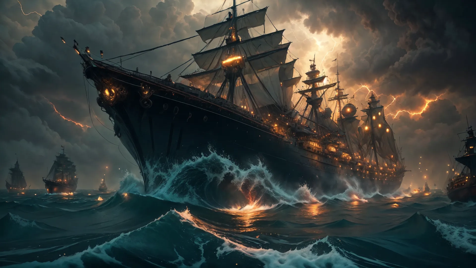 an image of ships in the ocean and stormy sky with water coming towards them, but only one has lights on and some people are also visible
