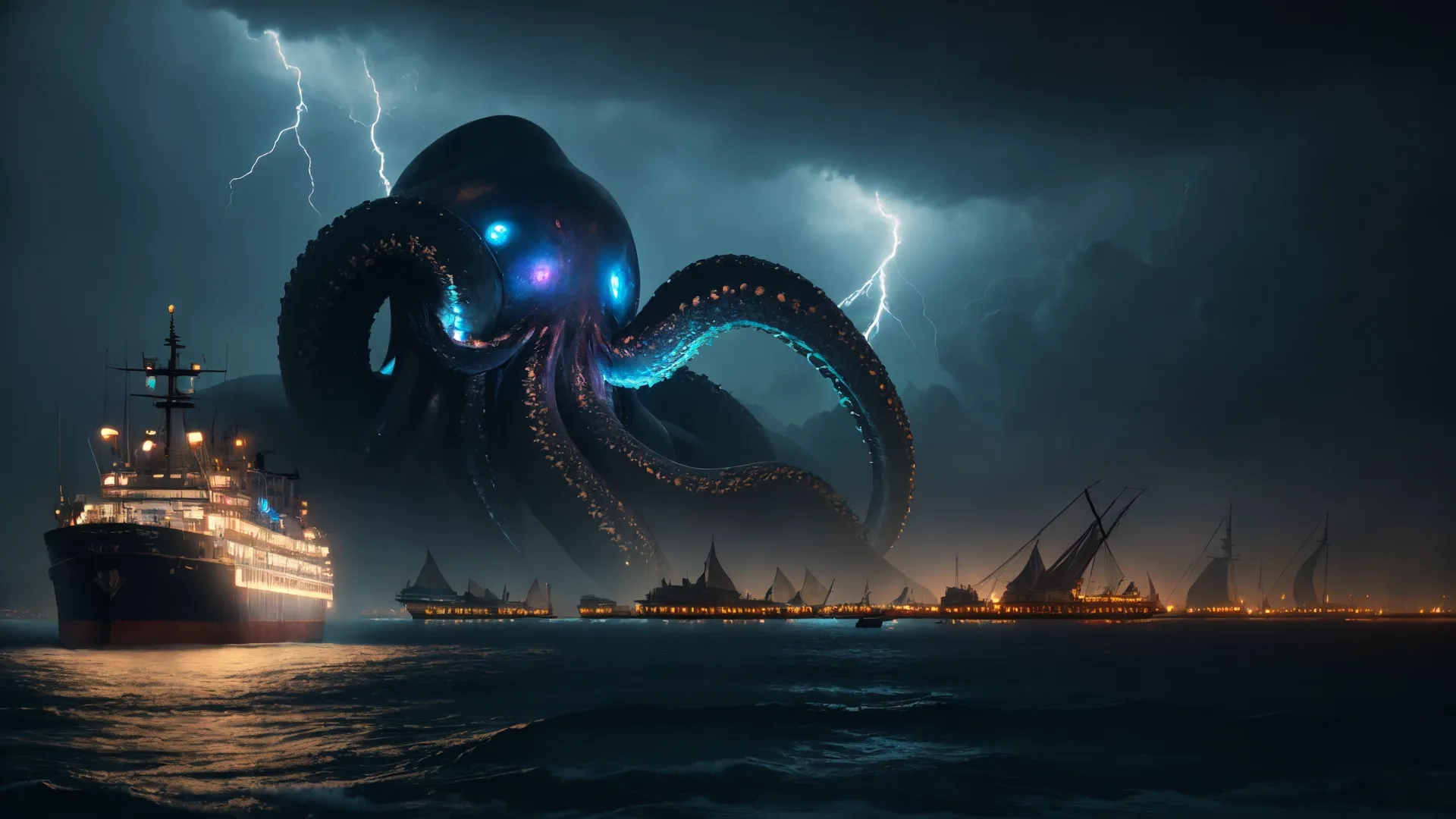 a boat passes next to big octopus with lightning in the background and a lightening bolt coming from the ocean as the ship is sailing behind it
