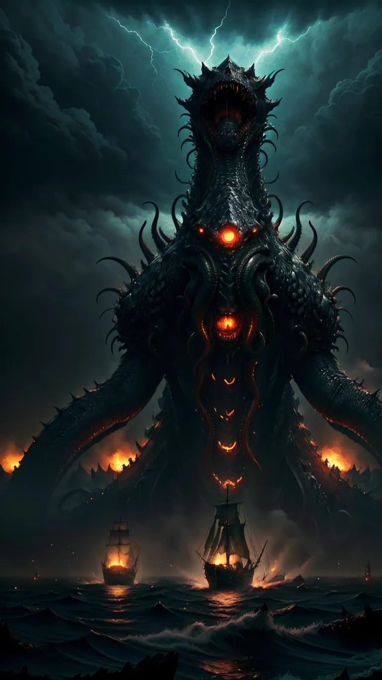 a giant octopus is in front of the stormy sky with burning torches around it, while he stands on an ocean edge while surrounded by three boats

