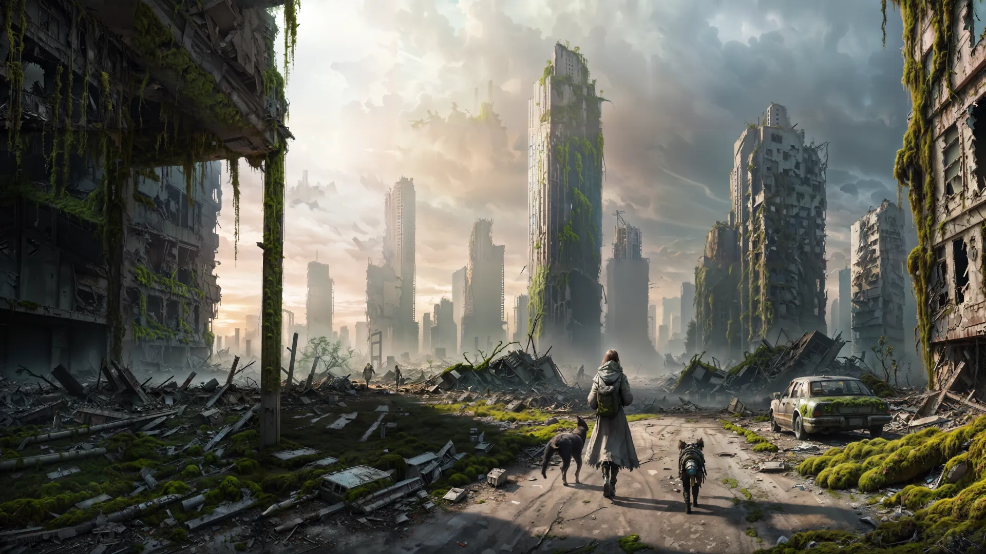 an image of a person walking through a barren city with a dog on leash and ruins, cars, trees and clouds behind them, sun set in the city skyline
