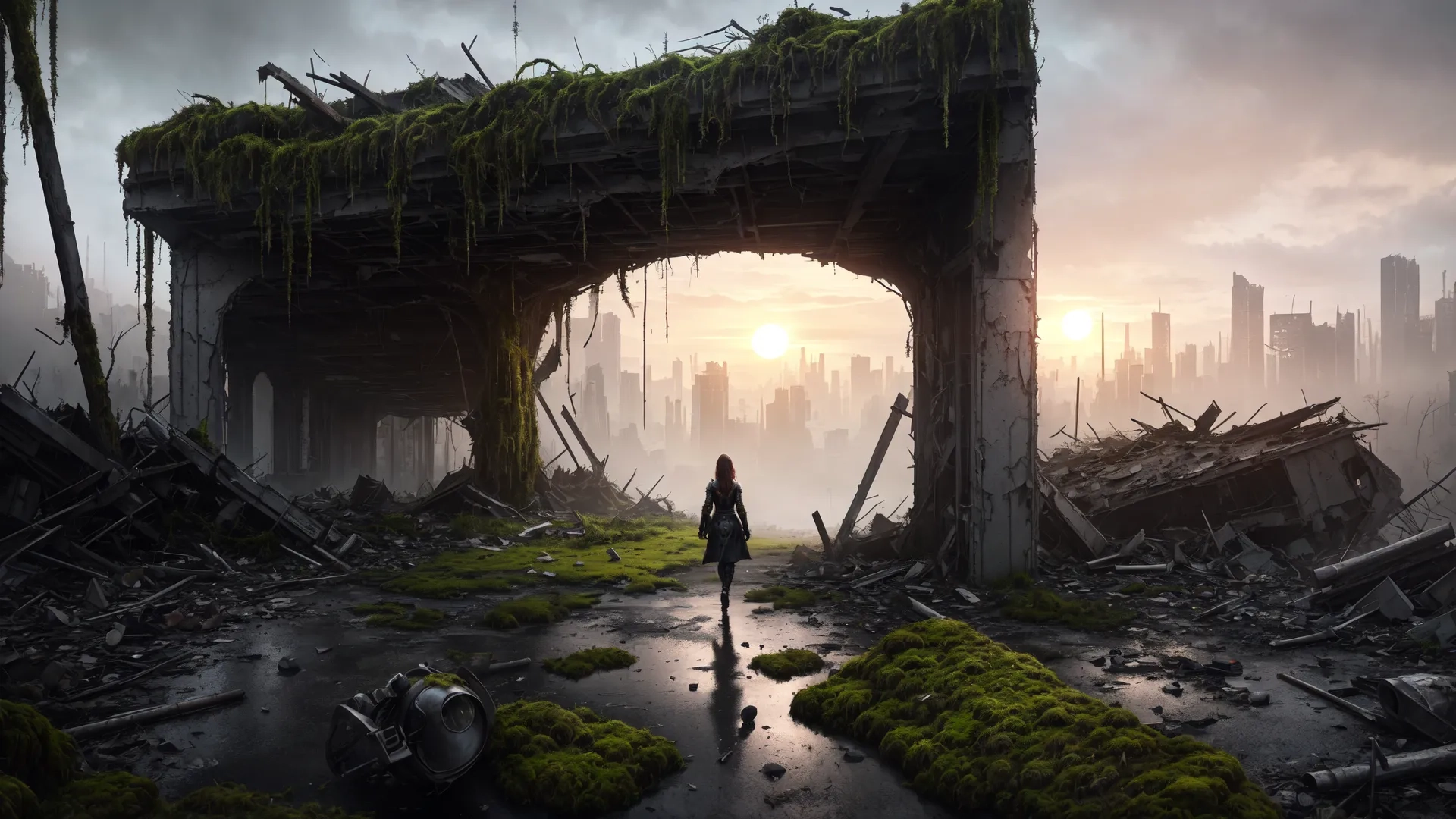 woman standing alone on an abandoned bridge and mosse walls in urban area, the sun goes down over the city and some ruins are falling off
