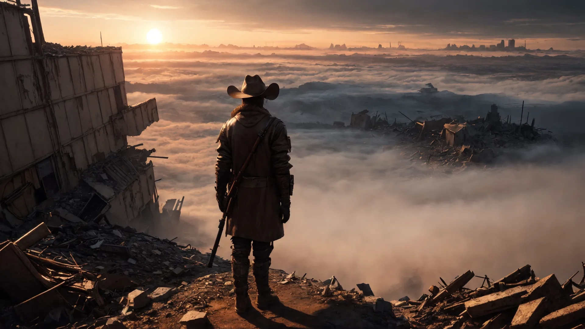 looking out over the city from a rooftop, while standing on the edge of a rock cliff, with fog hanging around the hillside behind
