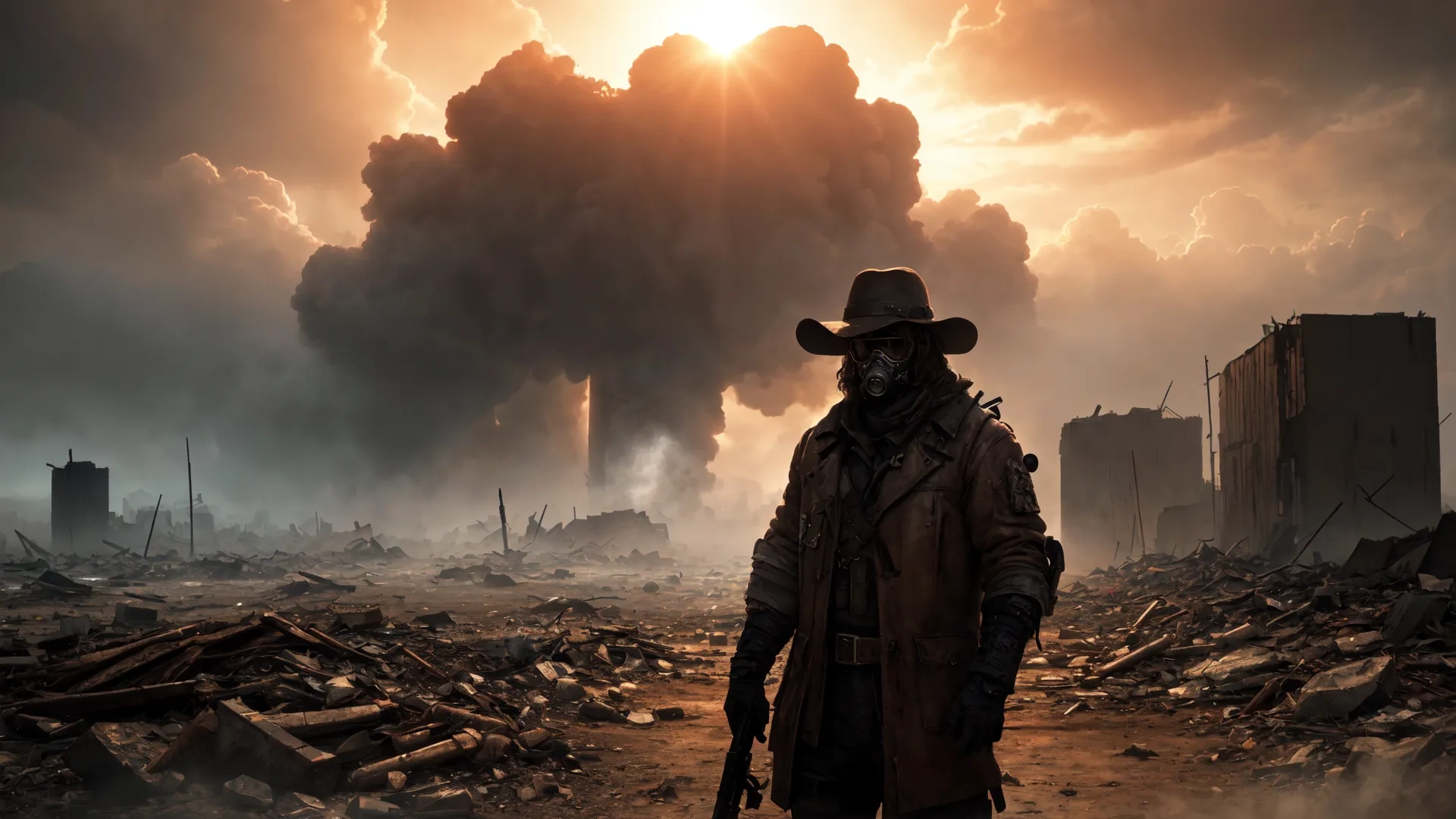 a man standing in front of clouds behind them of smoke and debris, with a large gun to his hand over his shoulder and wearing a muzzle looking at the sunlit
