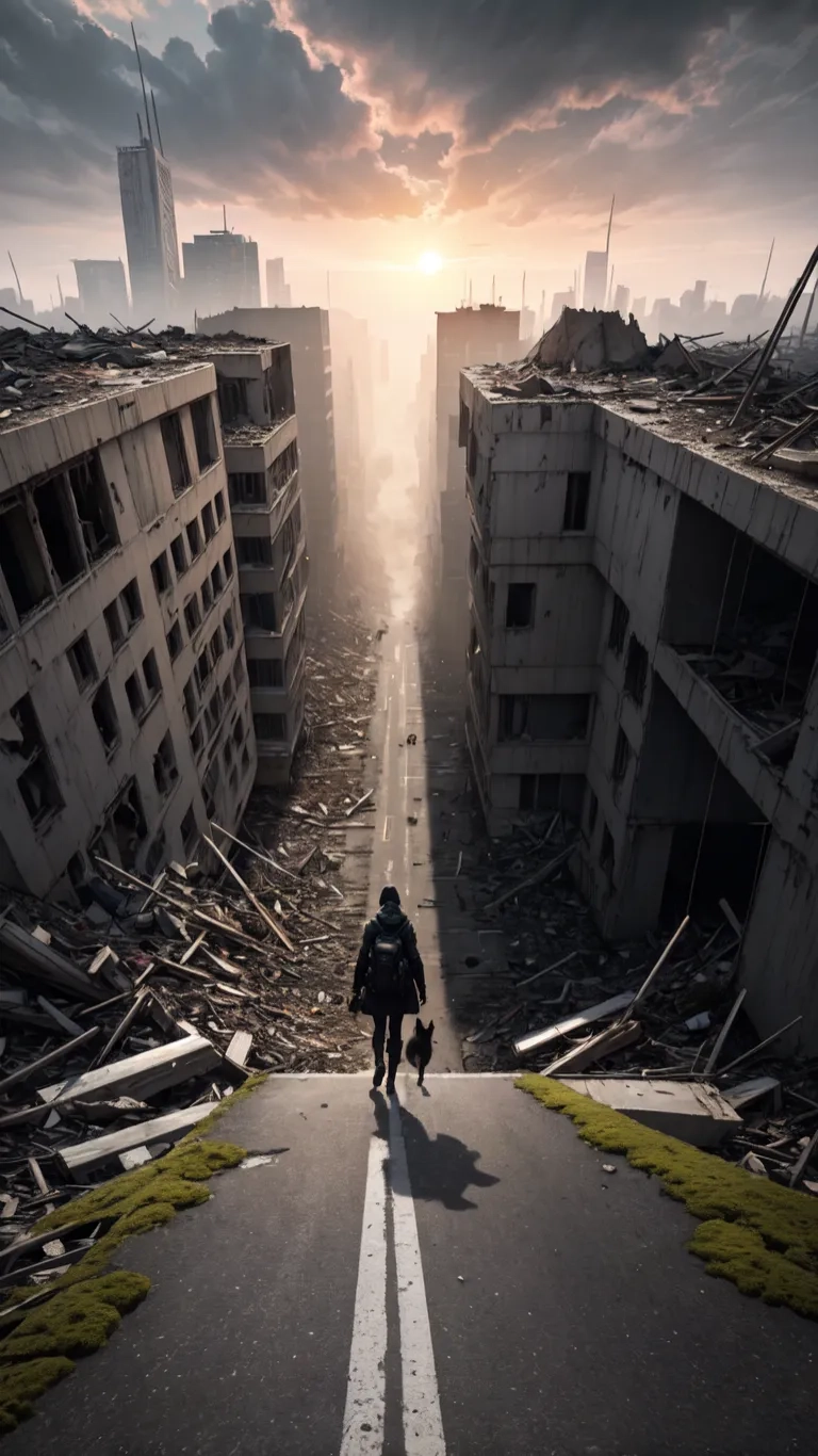 a person walking down the middle of an abandoned city street, with ruins and debris in the background below are very high rised buildings
