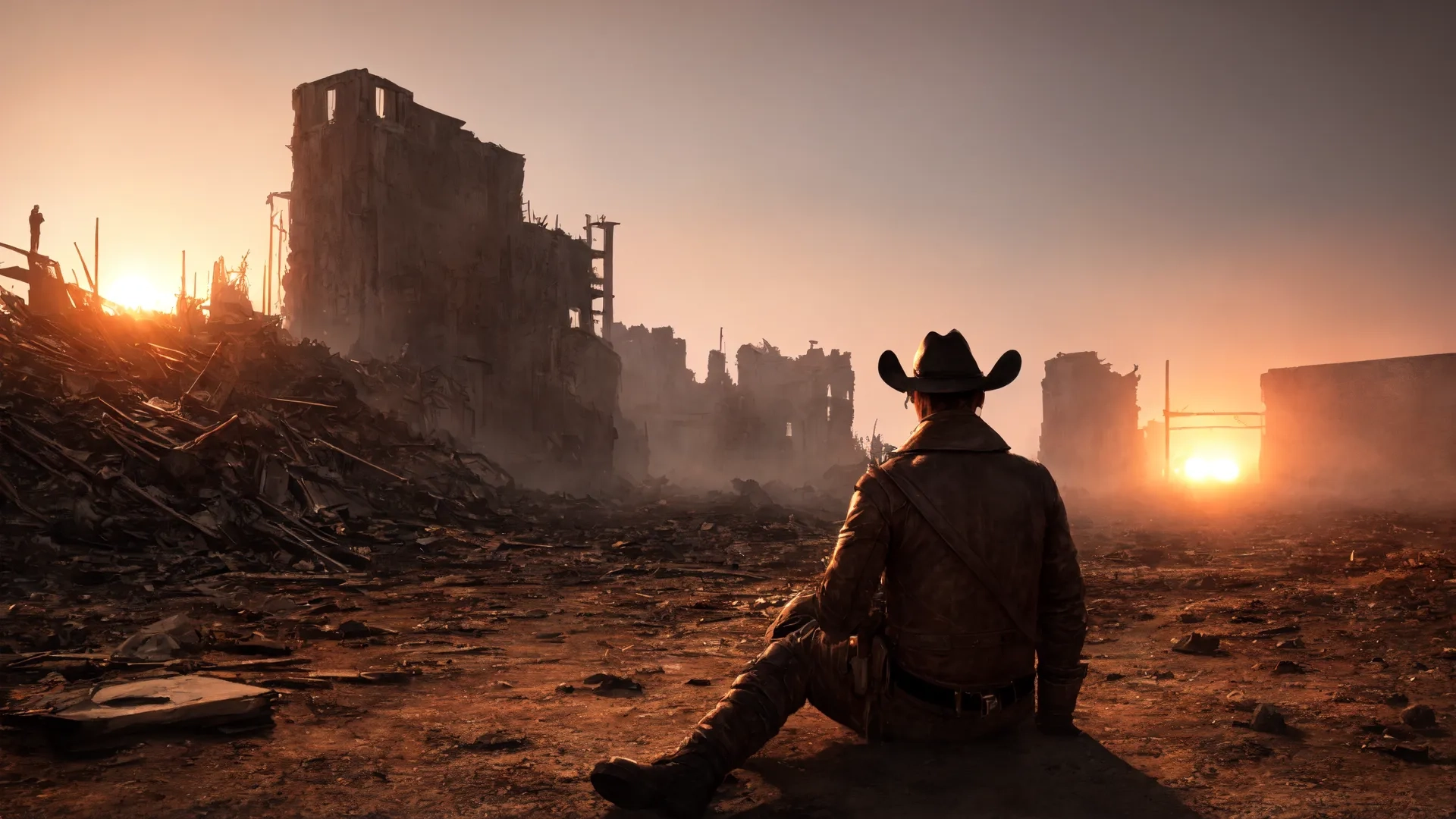 a man sitting on the ground watching a truck and some bombed buildings in the background at sunset with a person with long hair sitting next to the back turned up
